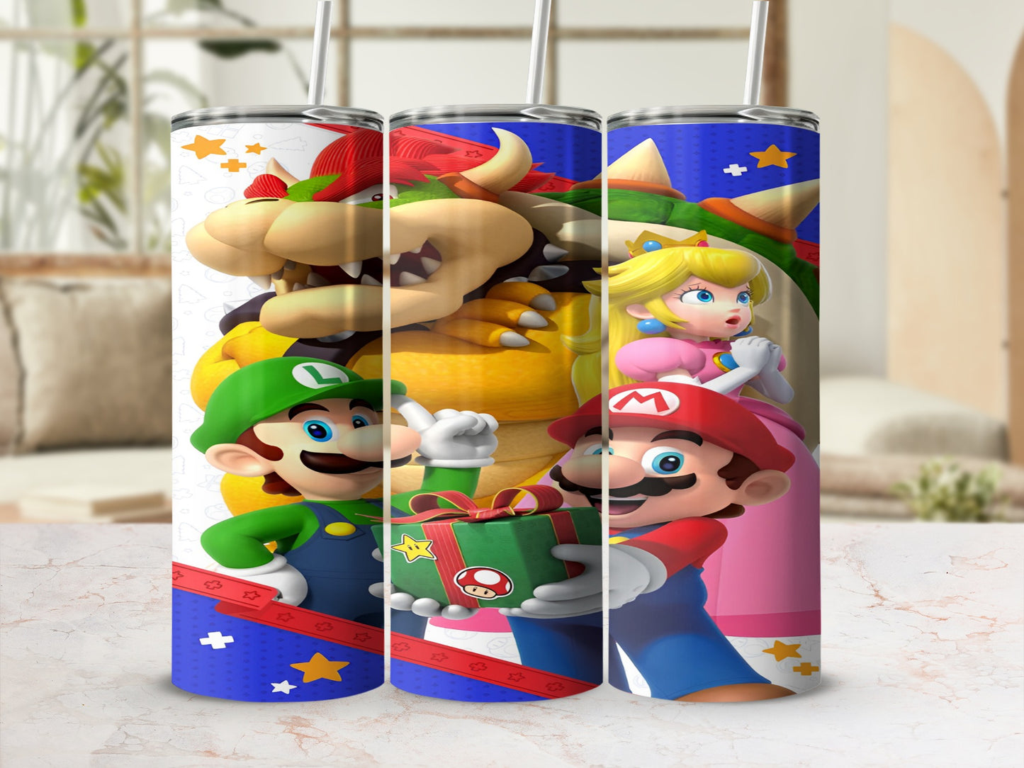 Mario, Luigi, Bowser, and Princess Peach holding a gift on a tumbler design.