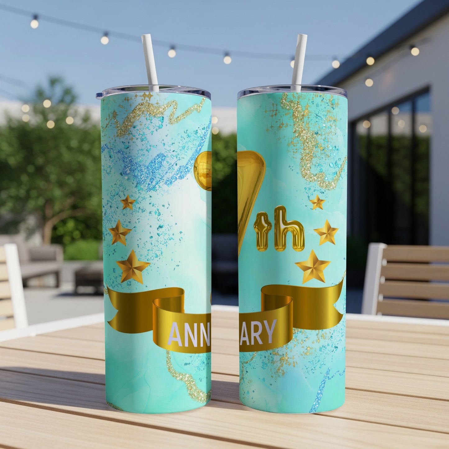 Gold "70TH ANNIVERSARY" text on blue and gold marbled tumbler.