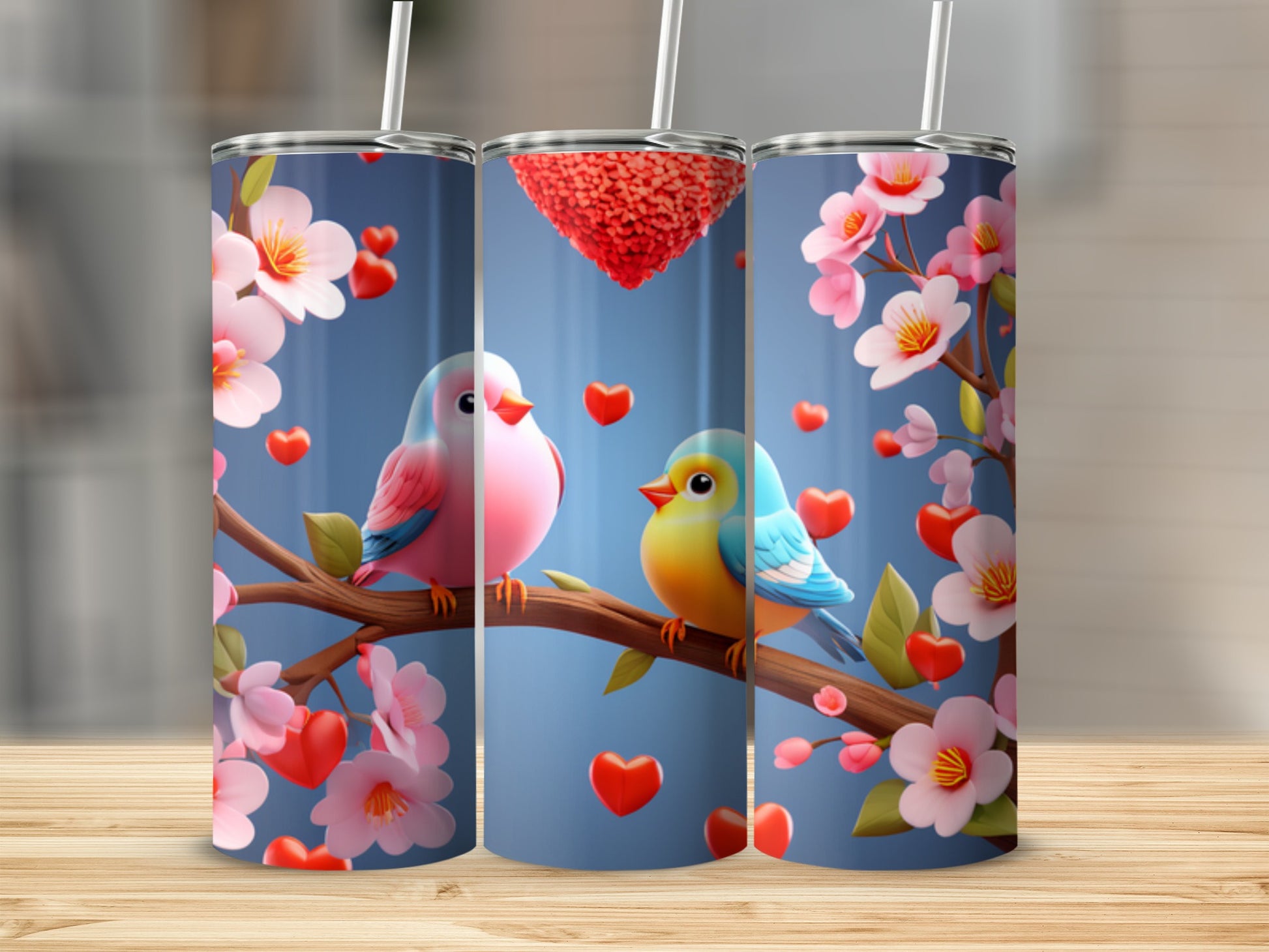 Two birds on a branch with cherry blossoms and hearts, on a tumbler.