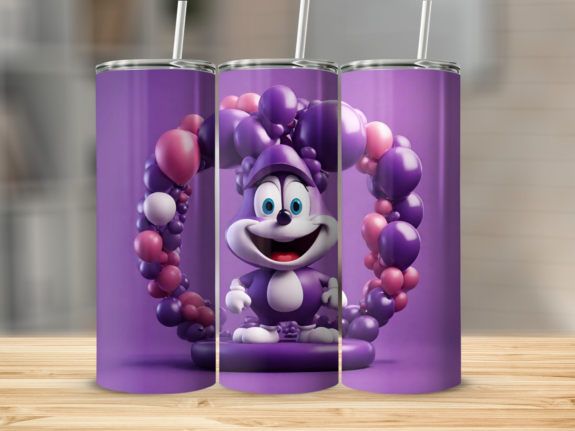 Purple Cartoon Character with Balloon Arch Design Tumbler