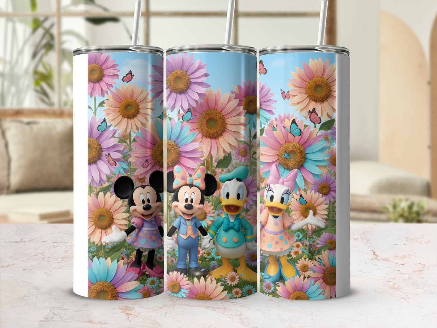 Colorful Floral Disney Characters Insulated Drink Cup