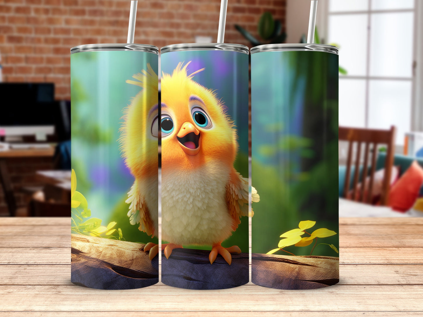 Cute Yellow Bird Design Tumbler With Stainless Straw