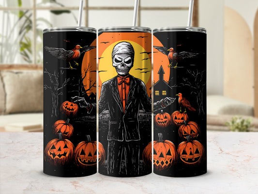 Halloween tumblers with a mummy figure, jack-o'-lanterns, birds, and spooky scene.