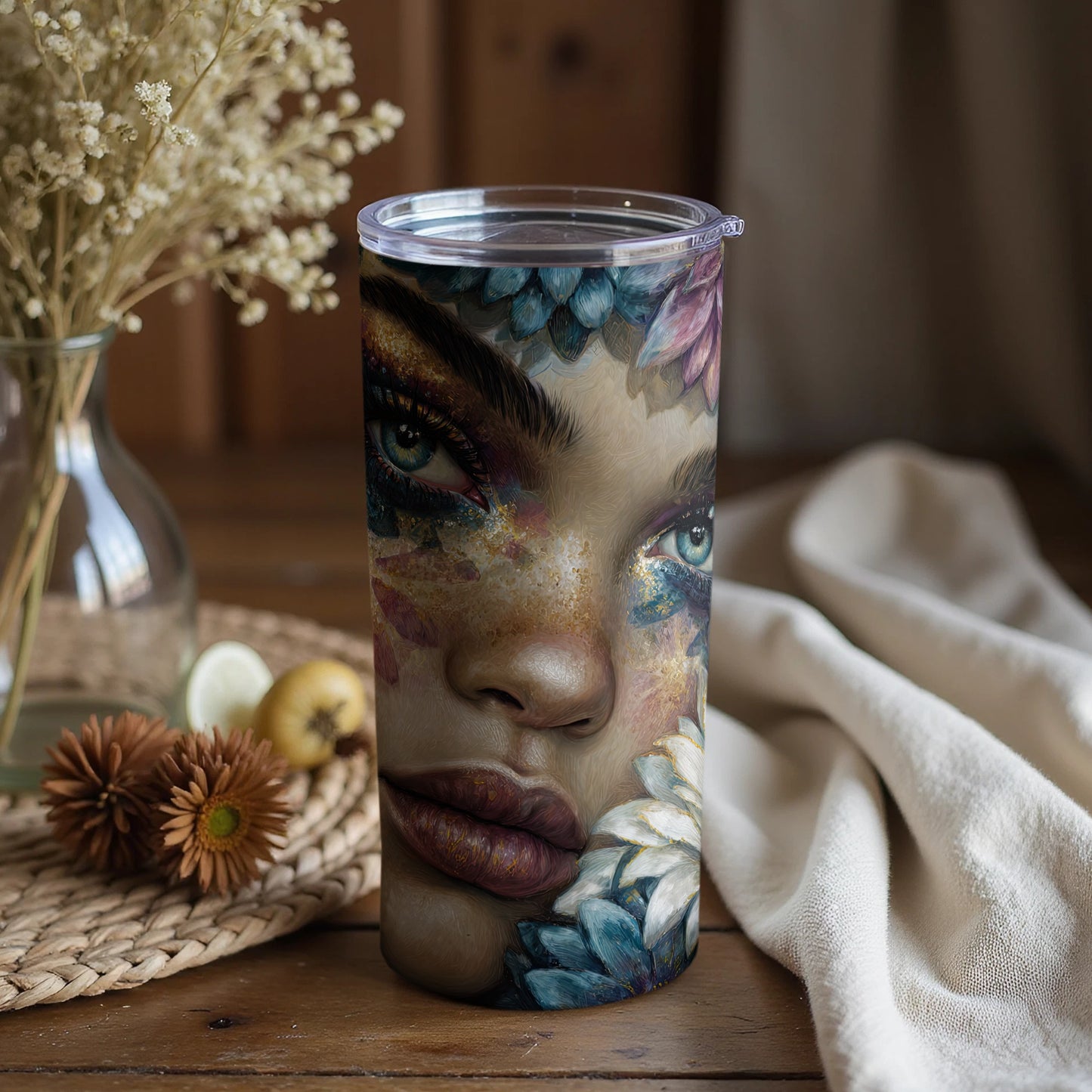 Artistic Face Tumbler Cup with Floral Accents