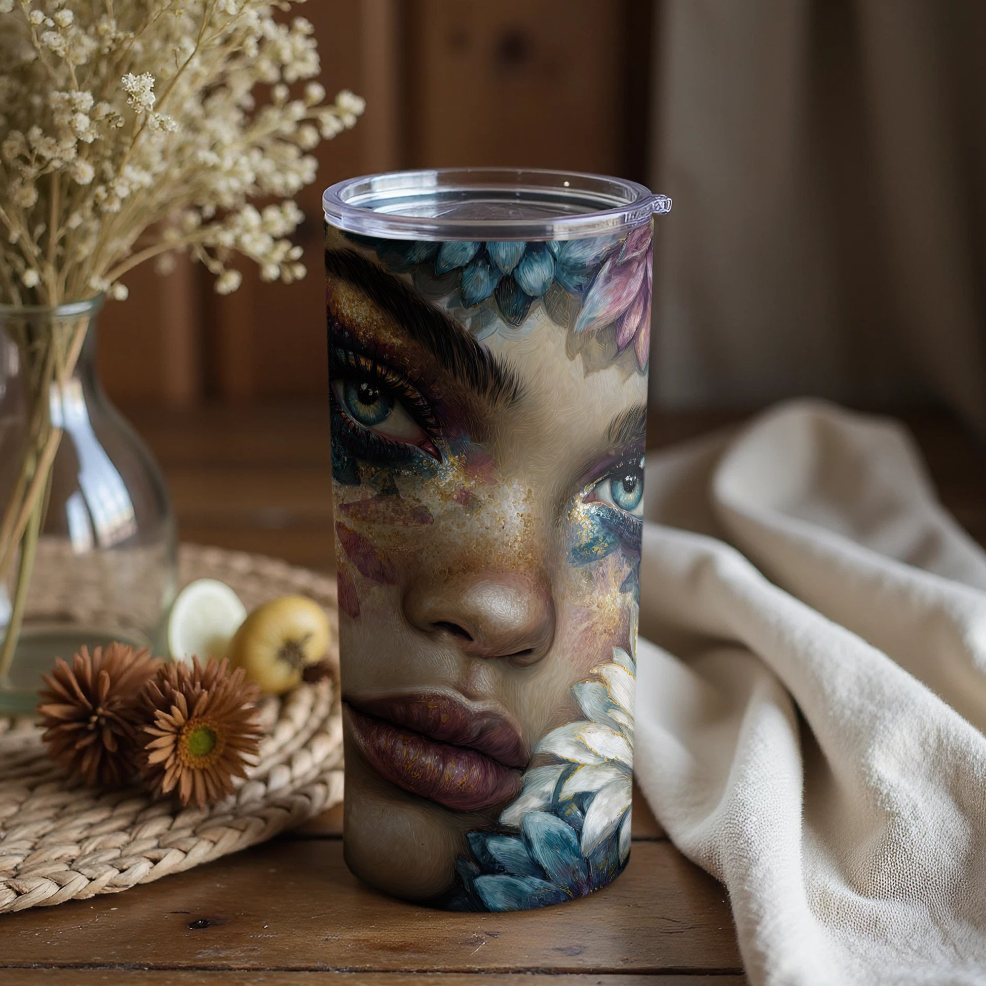 Artistic Face Tumbler Cup with Floral Accents