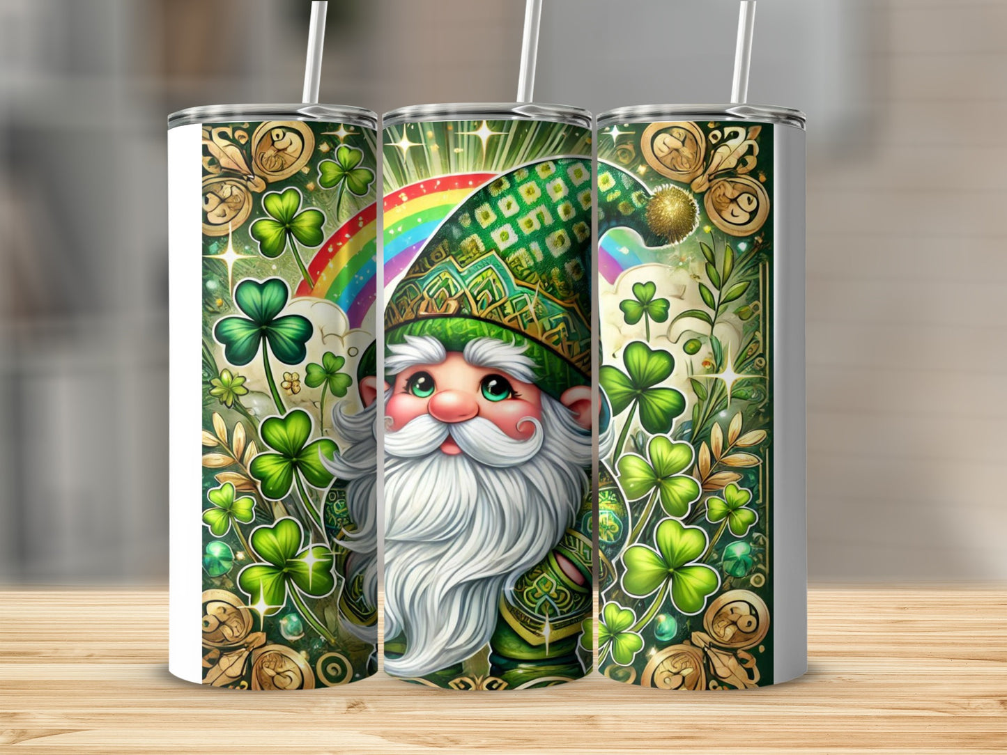 Saint Patrick's Day gnome with rainbow and shamrocks on a tumbler.