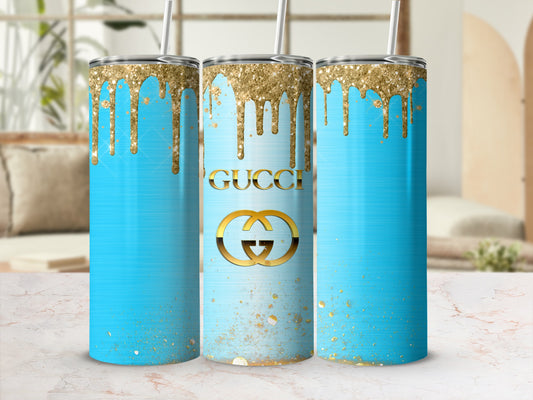 Blue and Gold Glitter Drip Tumblers with Straws