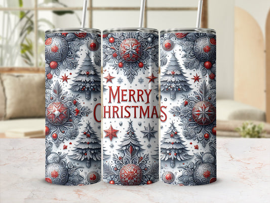 Three tumblers with a Merry Christmas design featuring snowflakes, trees, and stars.