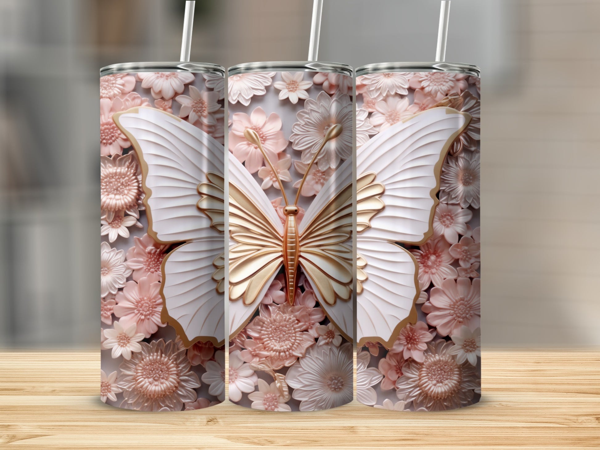 Floral Butterfly Design Skinny Tumbler