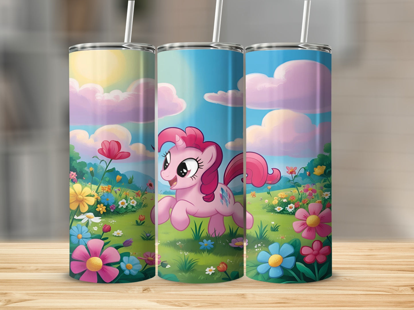 Pinkie Pie from My Little Pony running through a colorful floral meadow.