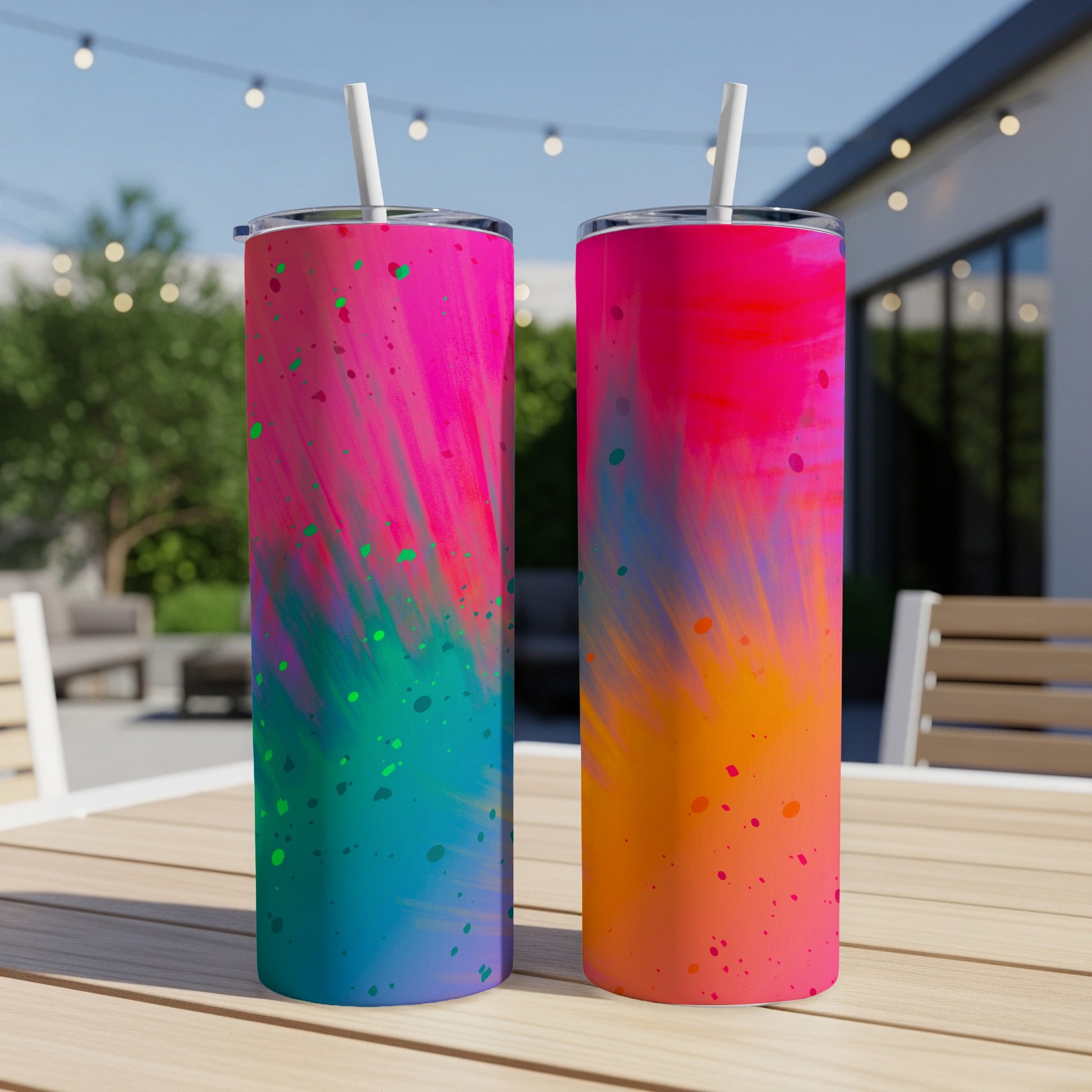 Two tumblers with colorful abstract splatter designs, straws in place.
