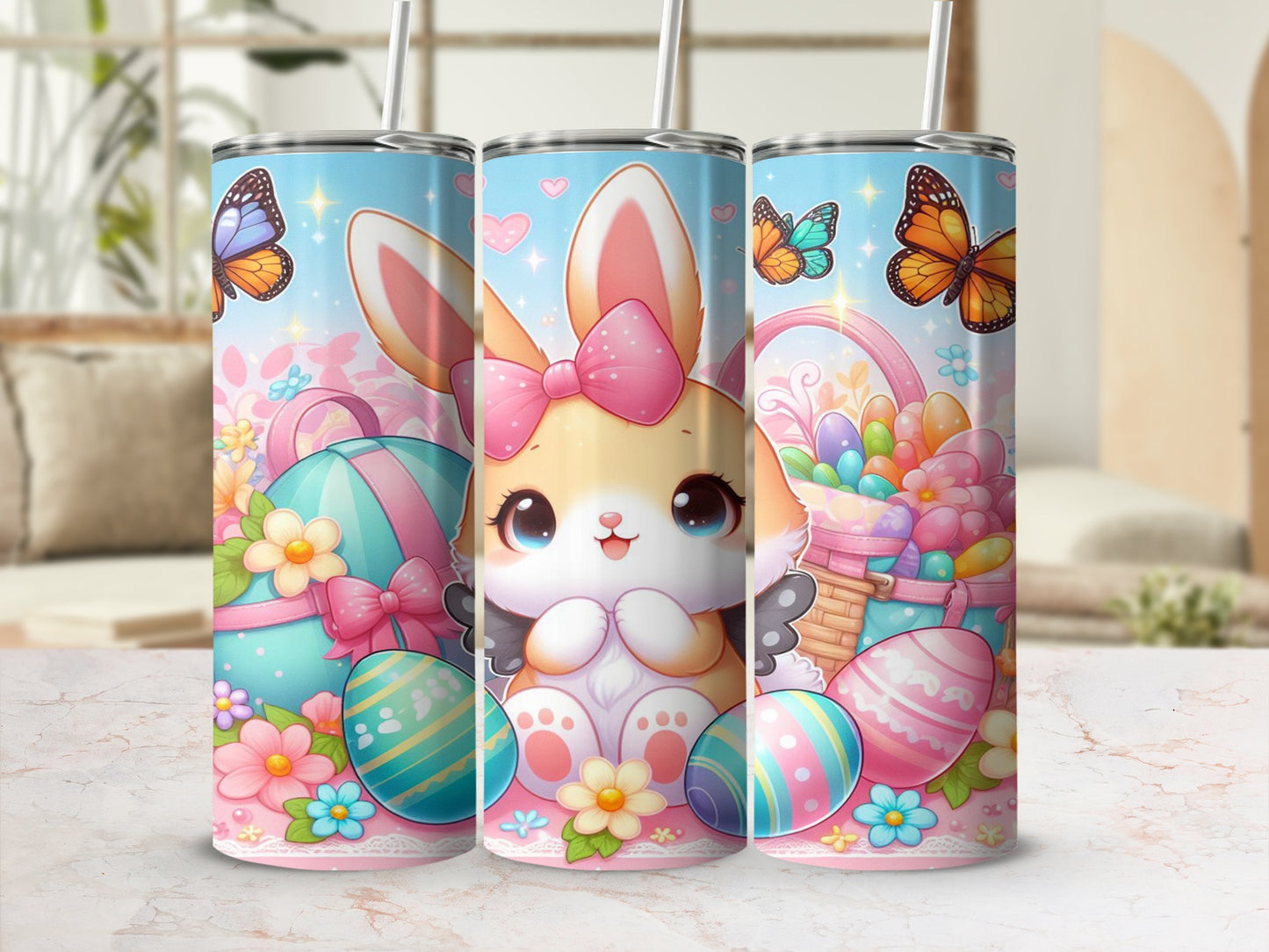 Kawaii bunny with Easter eggs and butterflies on a pastel background.