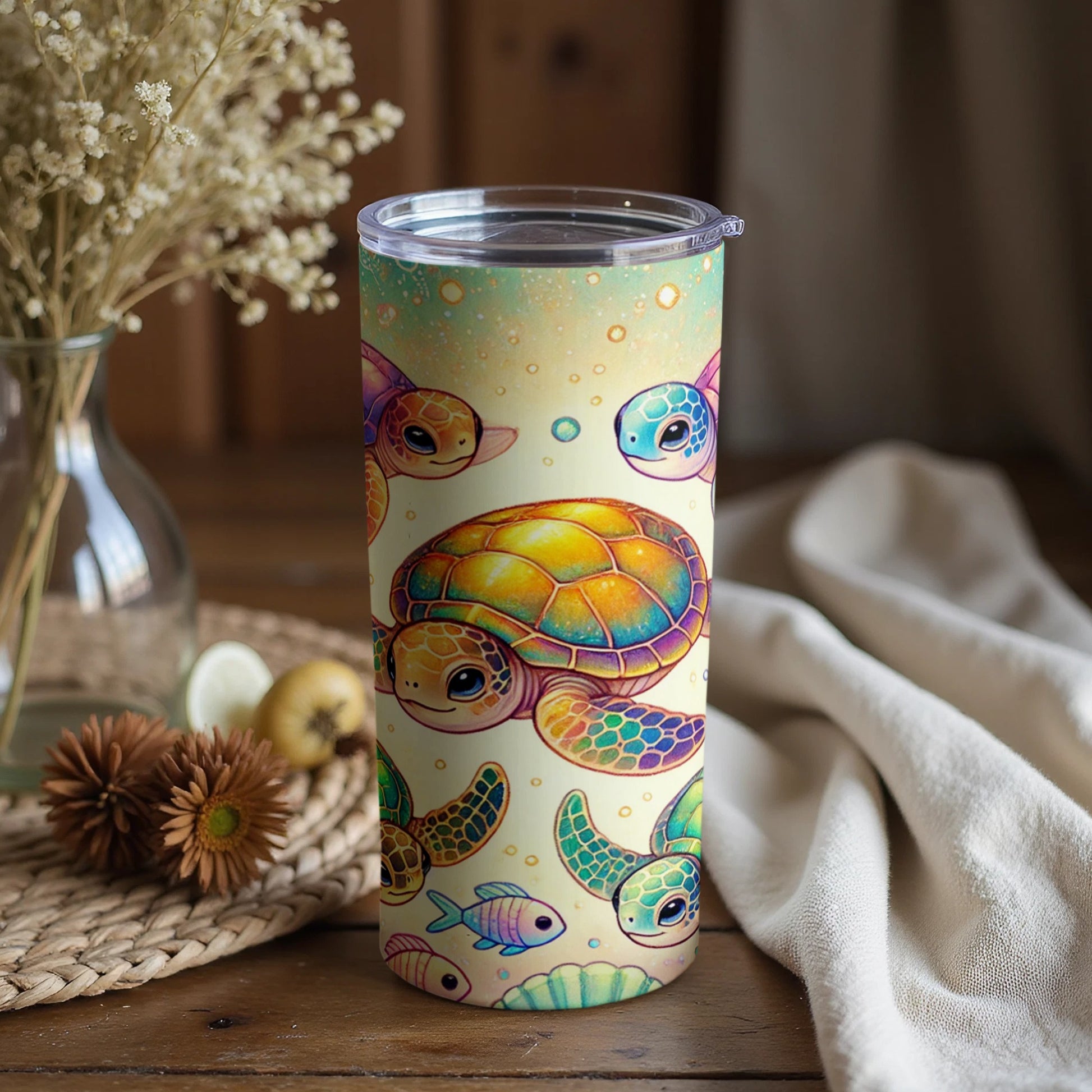 Colorful Sea Turtles and Fish Design Tumbler Cup