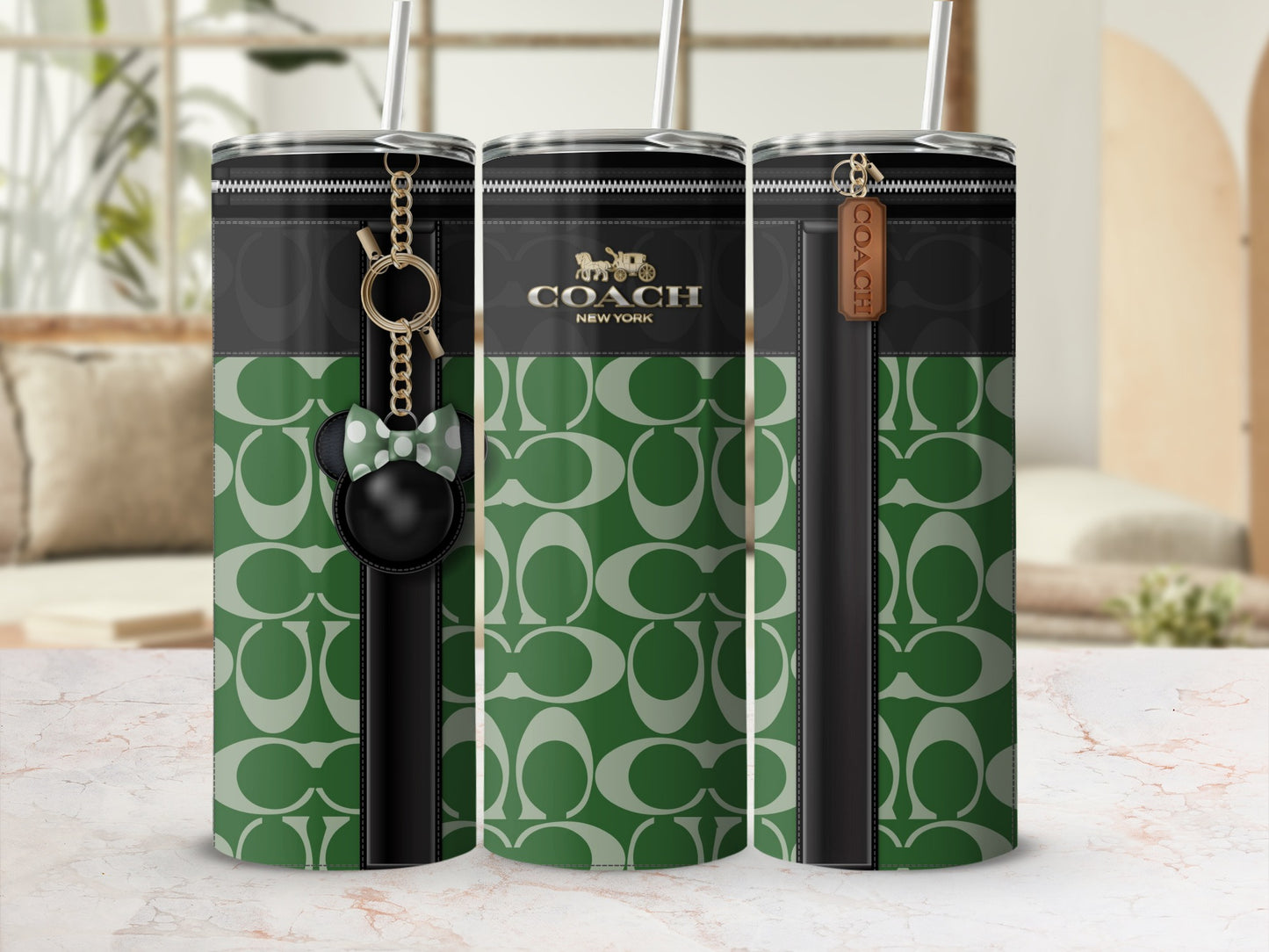 Stylish Green Patterned Travel Tumblers with Keychain