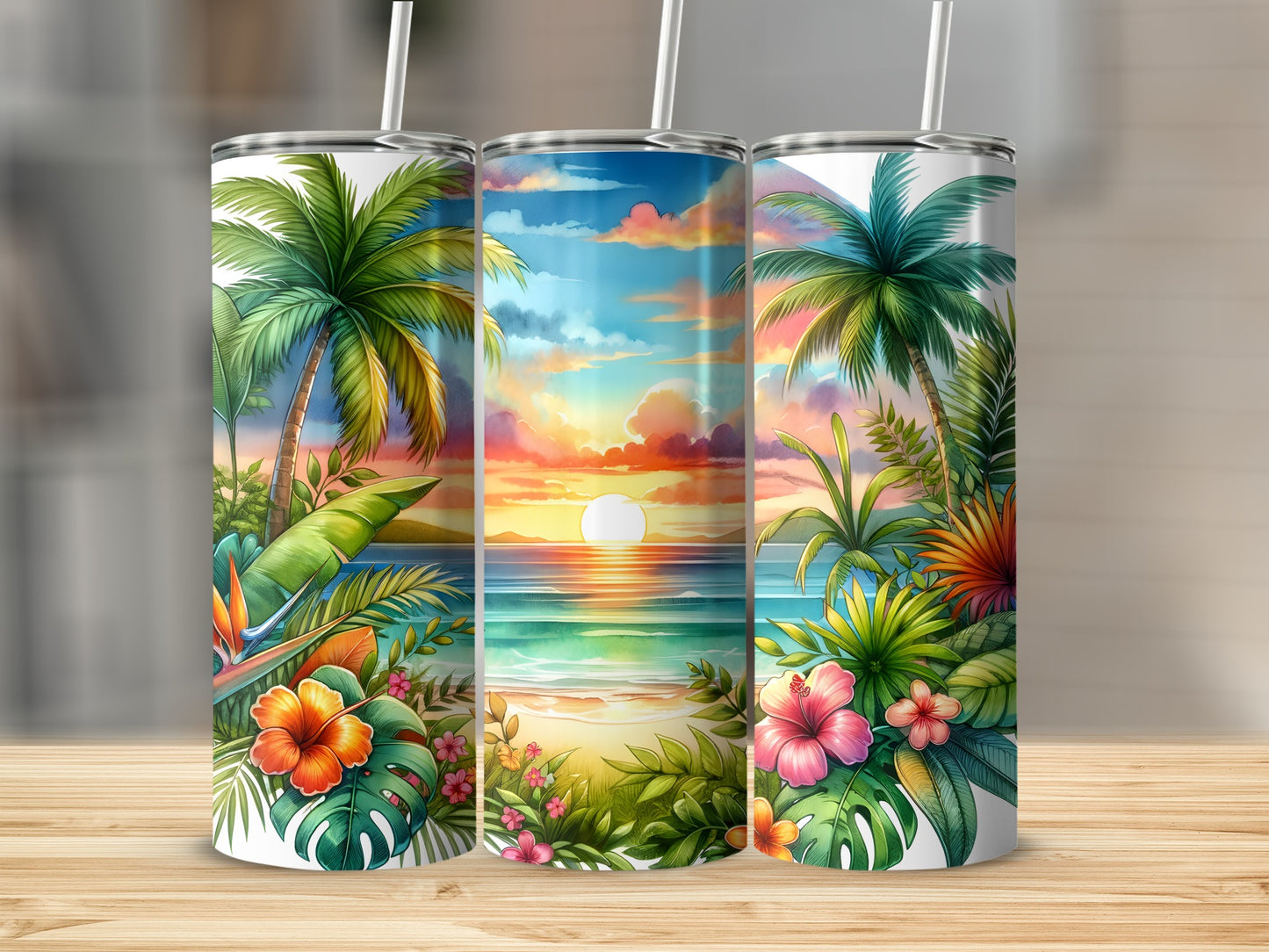 Three tumblers with a tropical sunset beach scene and palm trees.