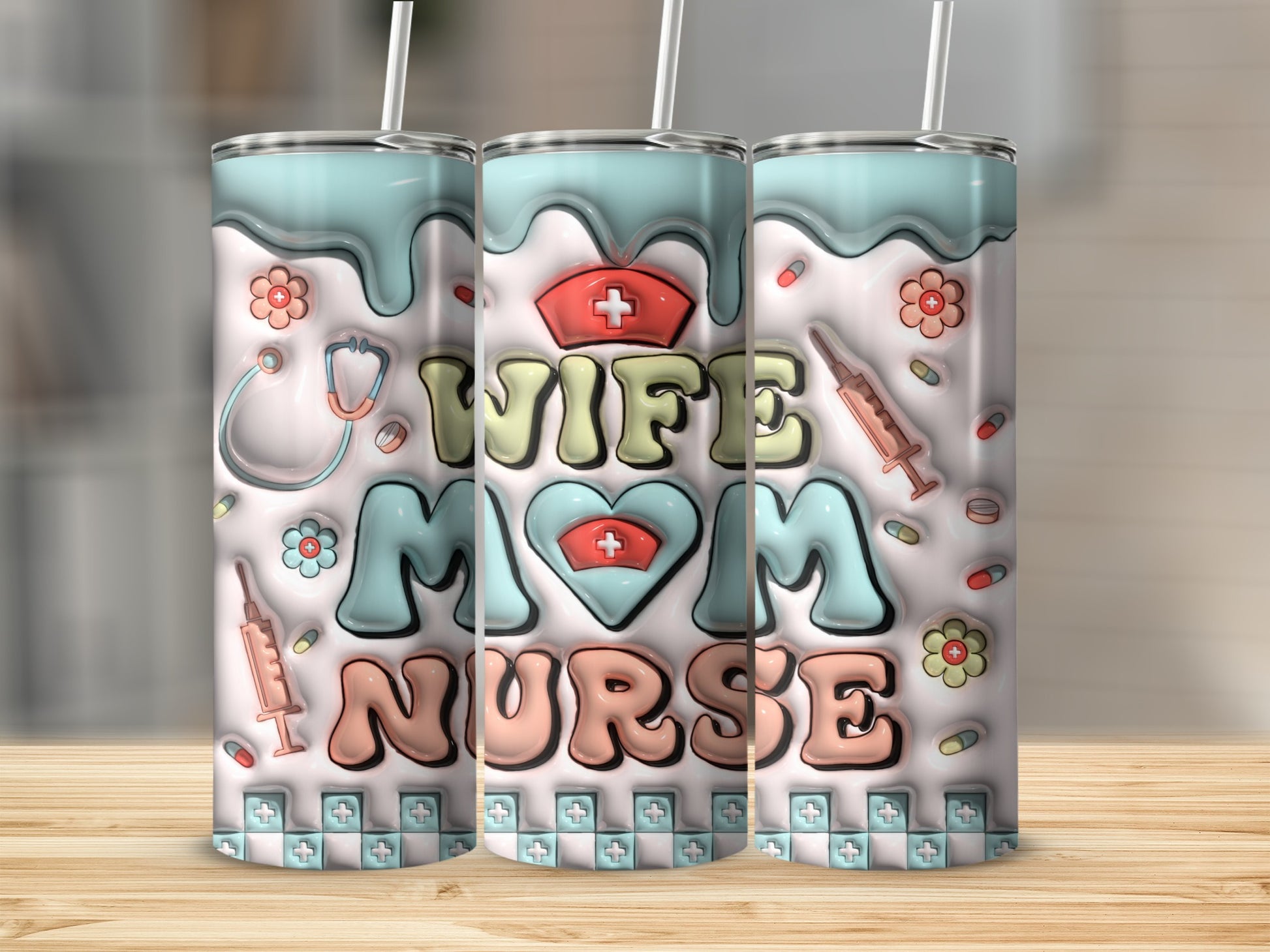 Wife Mom Nurse tumbler with medical icons and pastel colors.