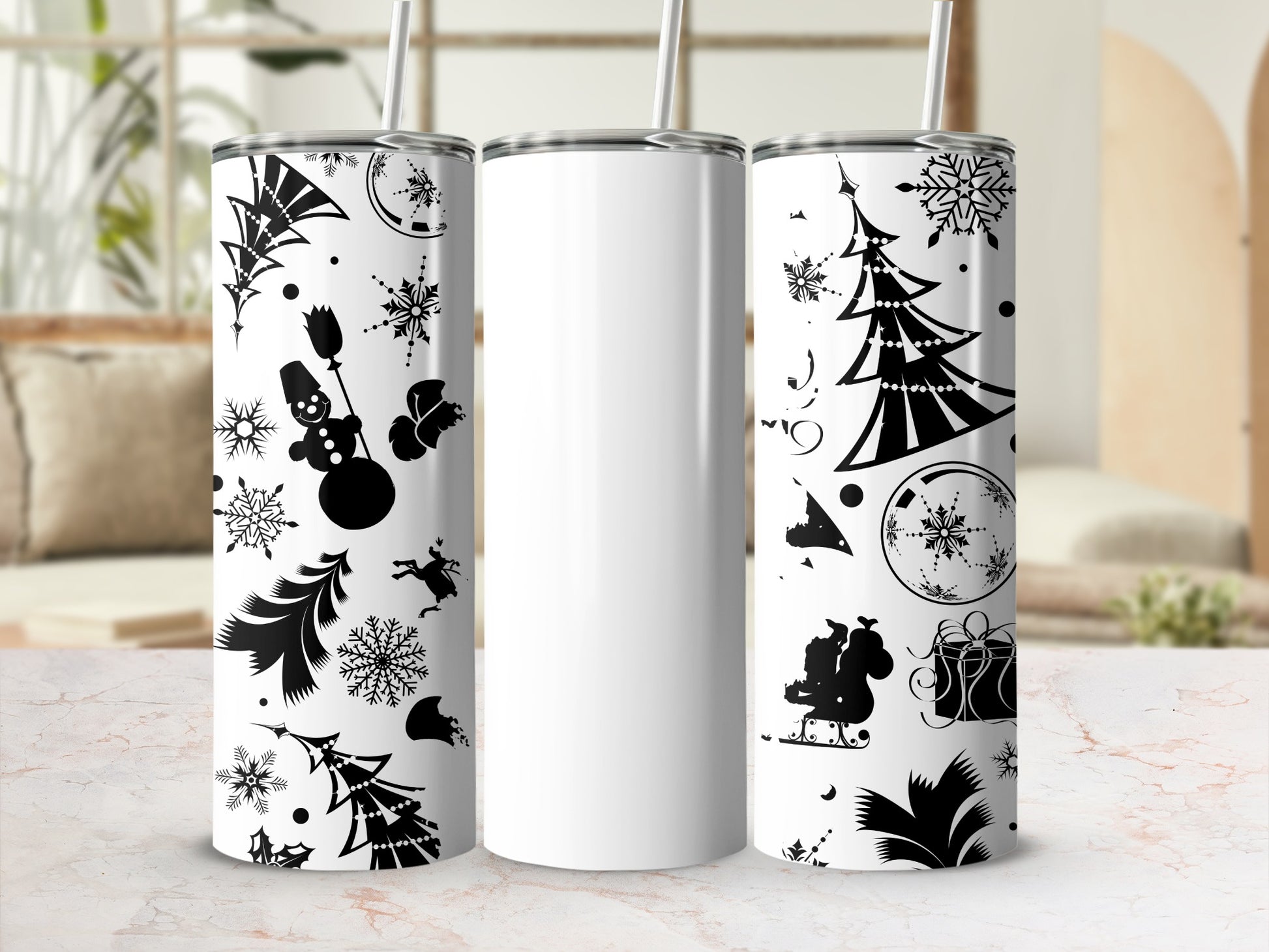 Festive Holiday Tumbler Black and White Snowman Design
