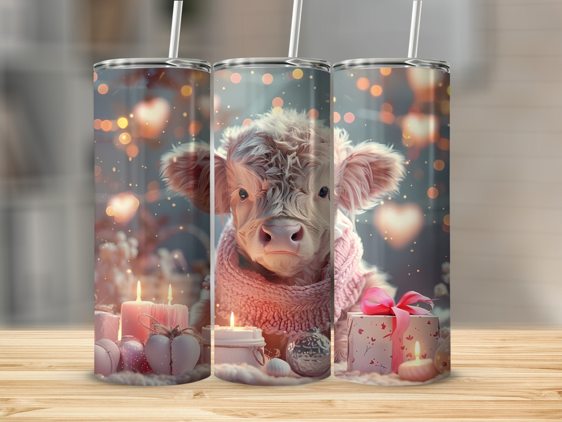 Three tumblers featuring a fluffy cow wearing a pink scarf with bokeh lights.