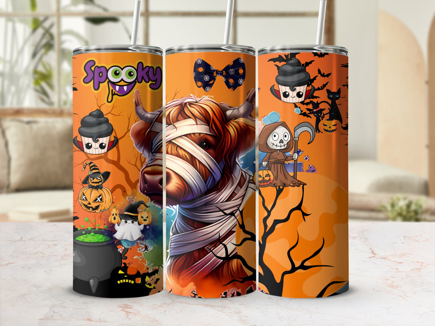 Spooky Halloween Themed Tumbler With Festive Characters