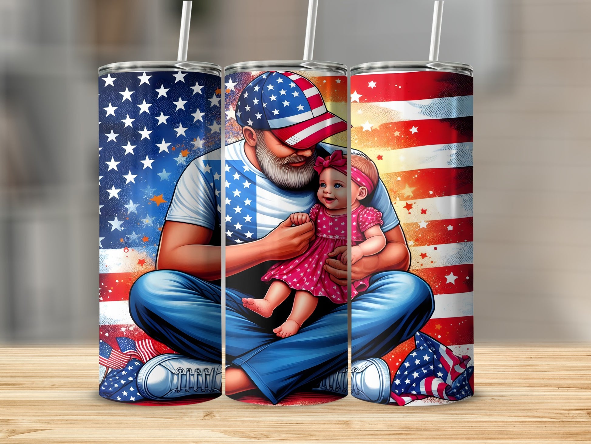 Man in American flag hat holding baby, surrounded by stars and stripes.