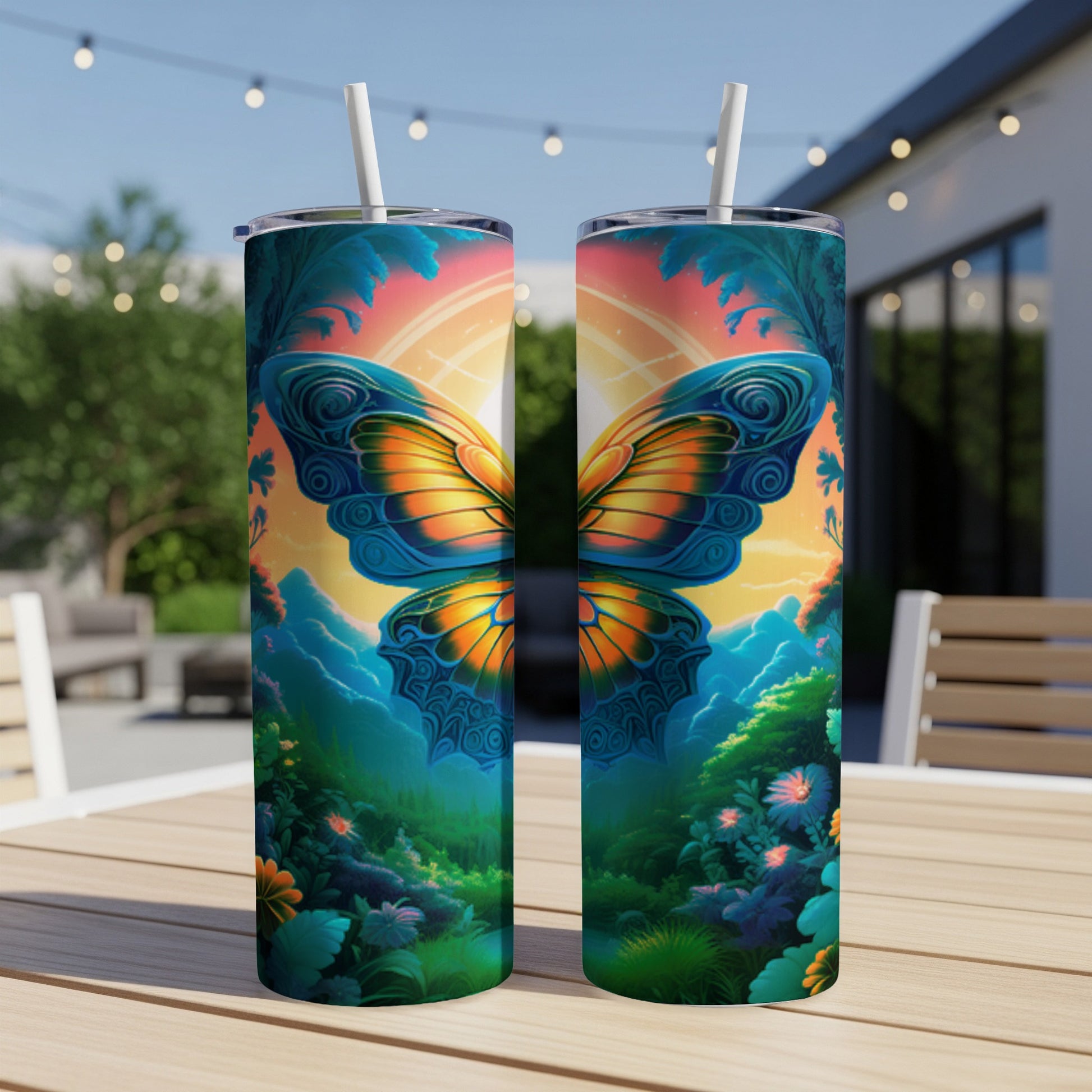 Two tall tumblers with vibrant butterfly and nature scene designs.