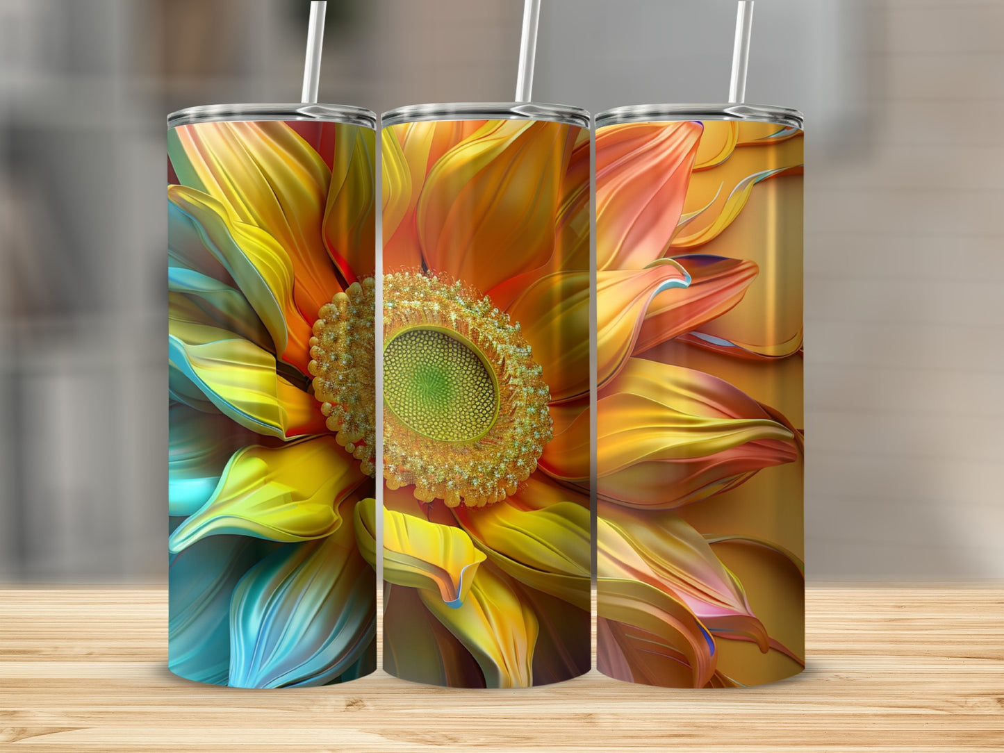 Three tumblers with a vibrant, textured sunflower design.