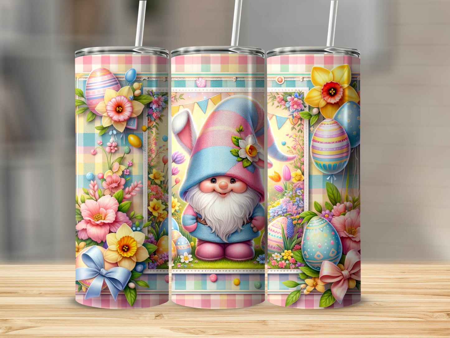 Easter gnome with colorful eggs and flowers on a checkered background.