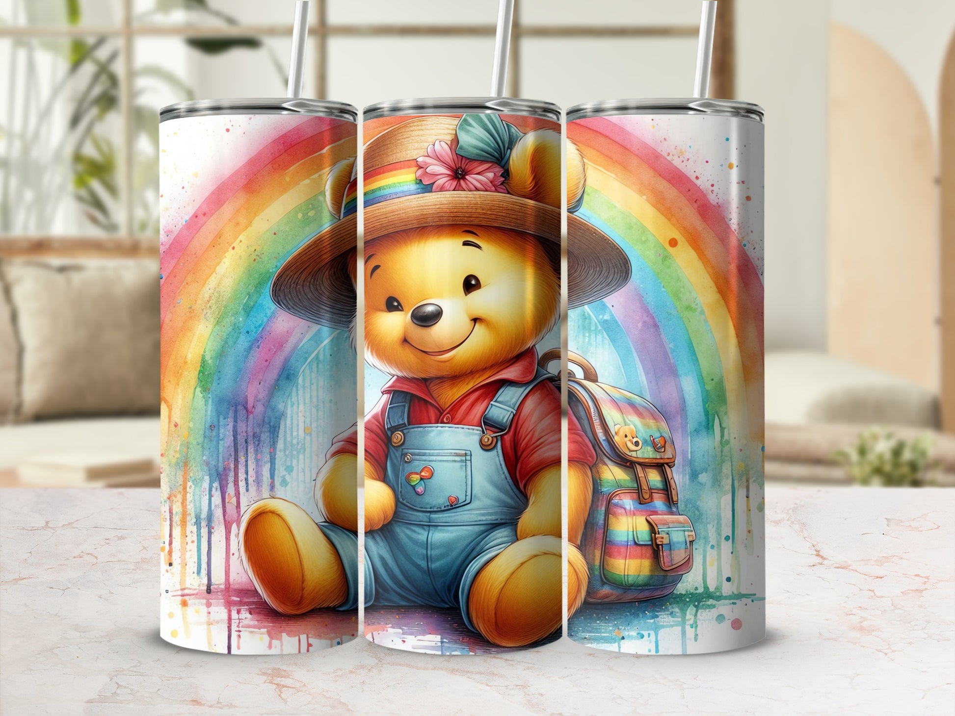 Rainbow Bear with Hat and Backpack Tumbler Cup