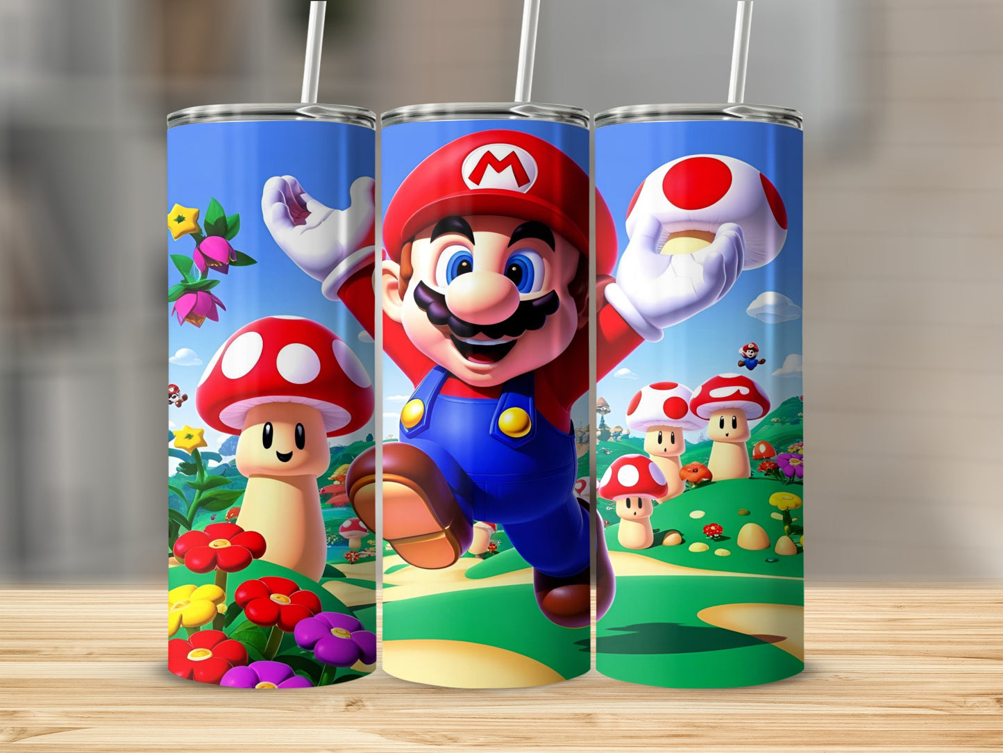 Mario jumping with mushrooms and flowers on a grassy landscape.