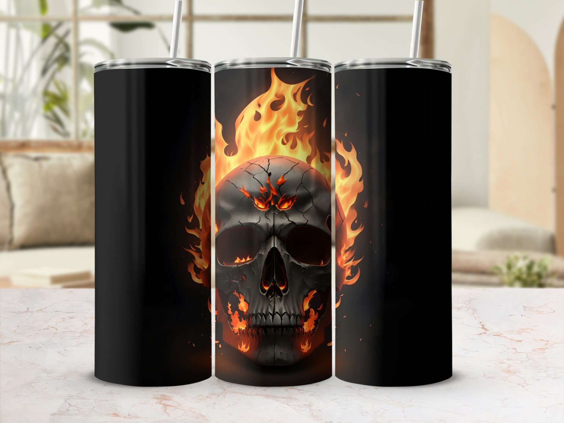 Black tumbler with a flaming skull design and fire accents.