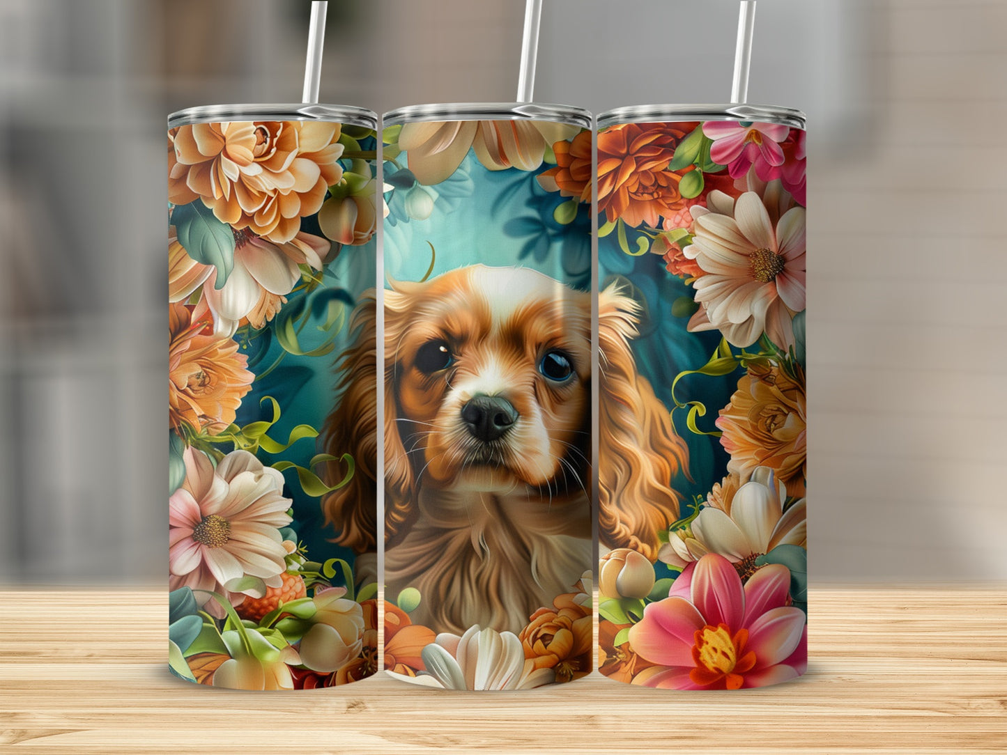 Three tumblers featuring a Cavalier King Charles Spaniel surrounded by floral arrangements.