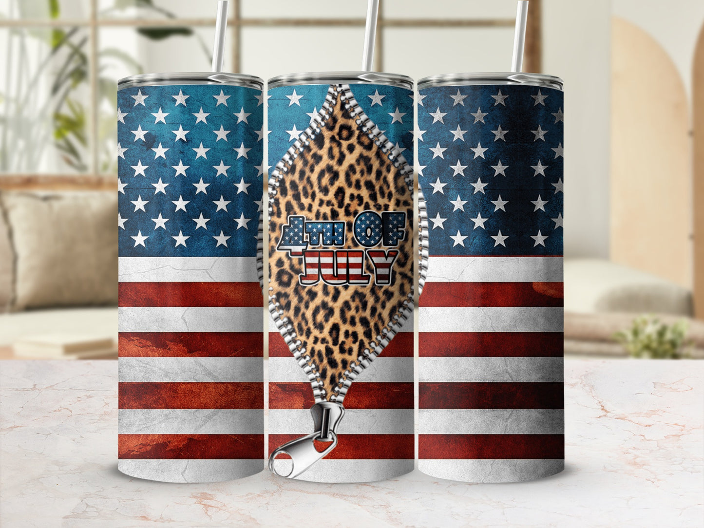 United States flag tumbler with "America the Beautiful" text and leopard print.