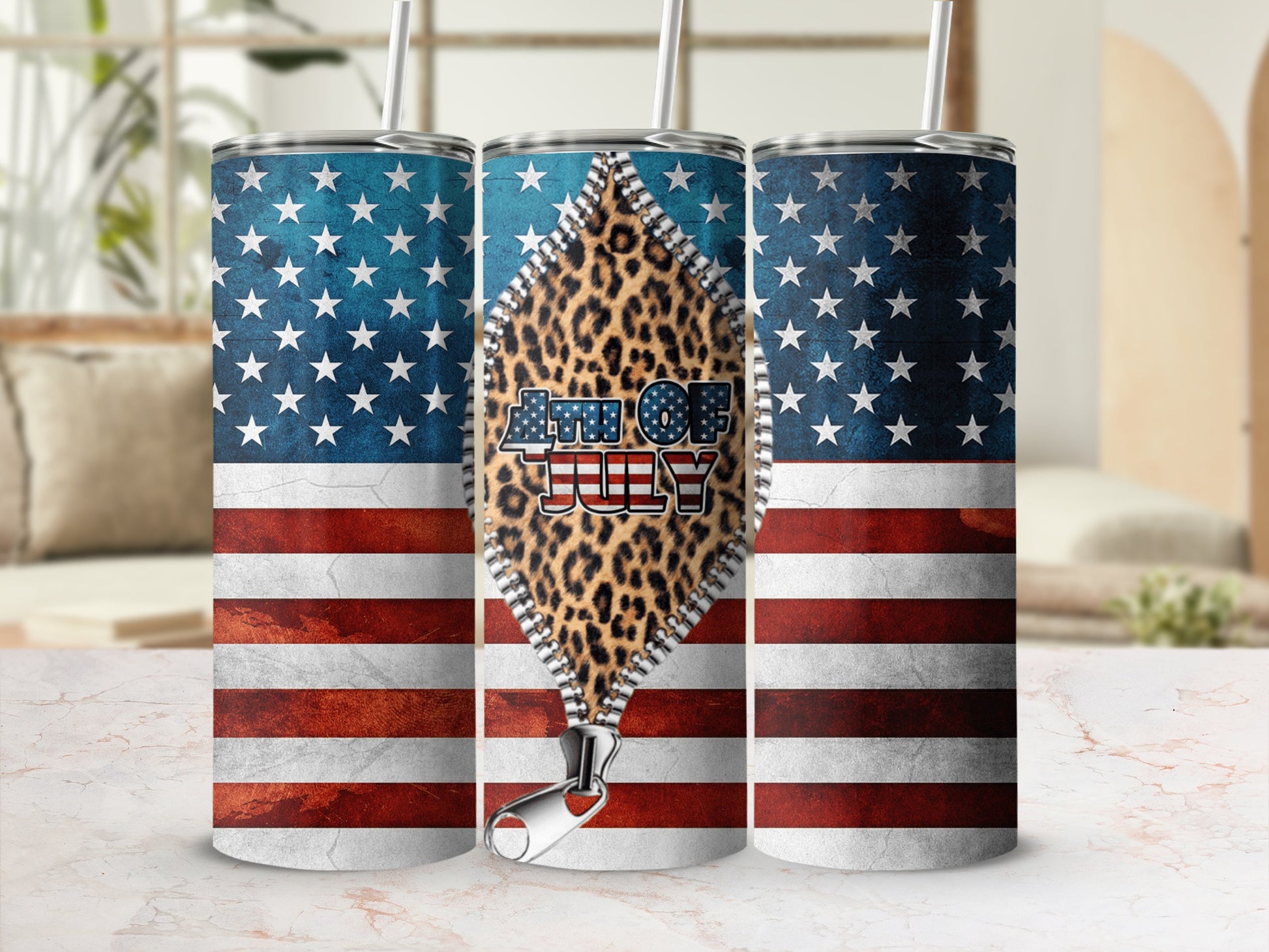 United States flag tumbler with "America the Beautiful" text and leopard print.