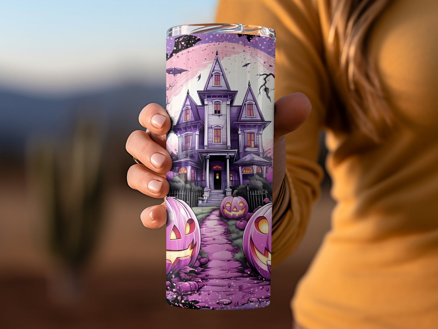 Haunted House with Pumpkins Halloween Themed Tumbler