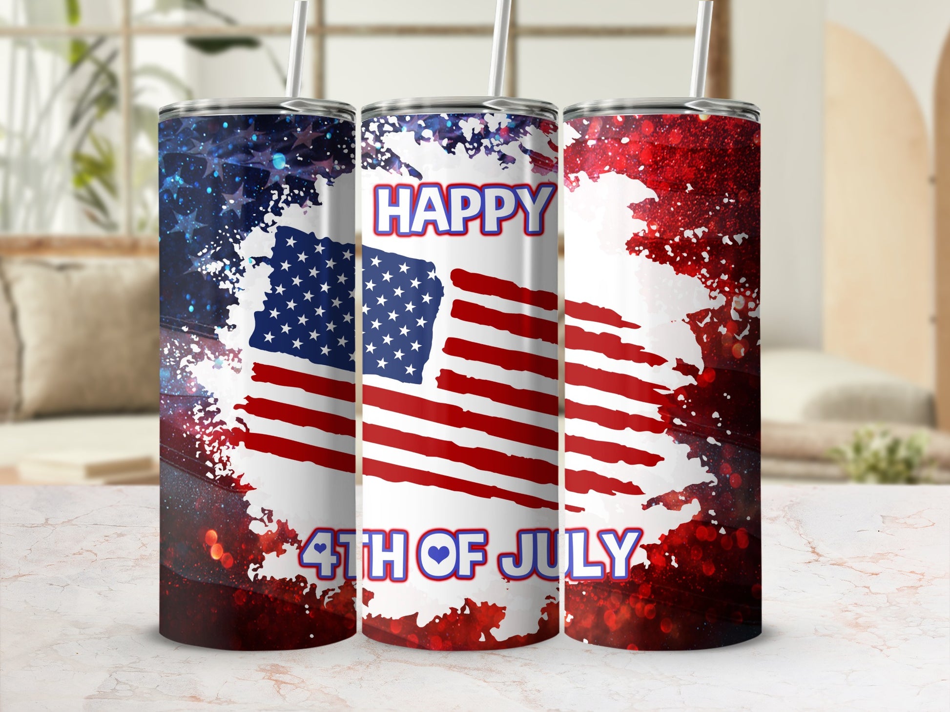 Tumblers with US flag design, "Happy 4th of July" text, and glitter.