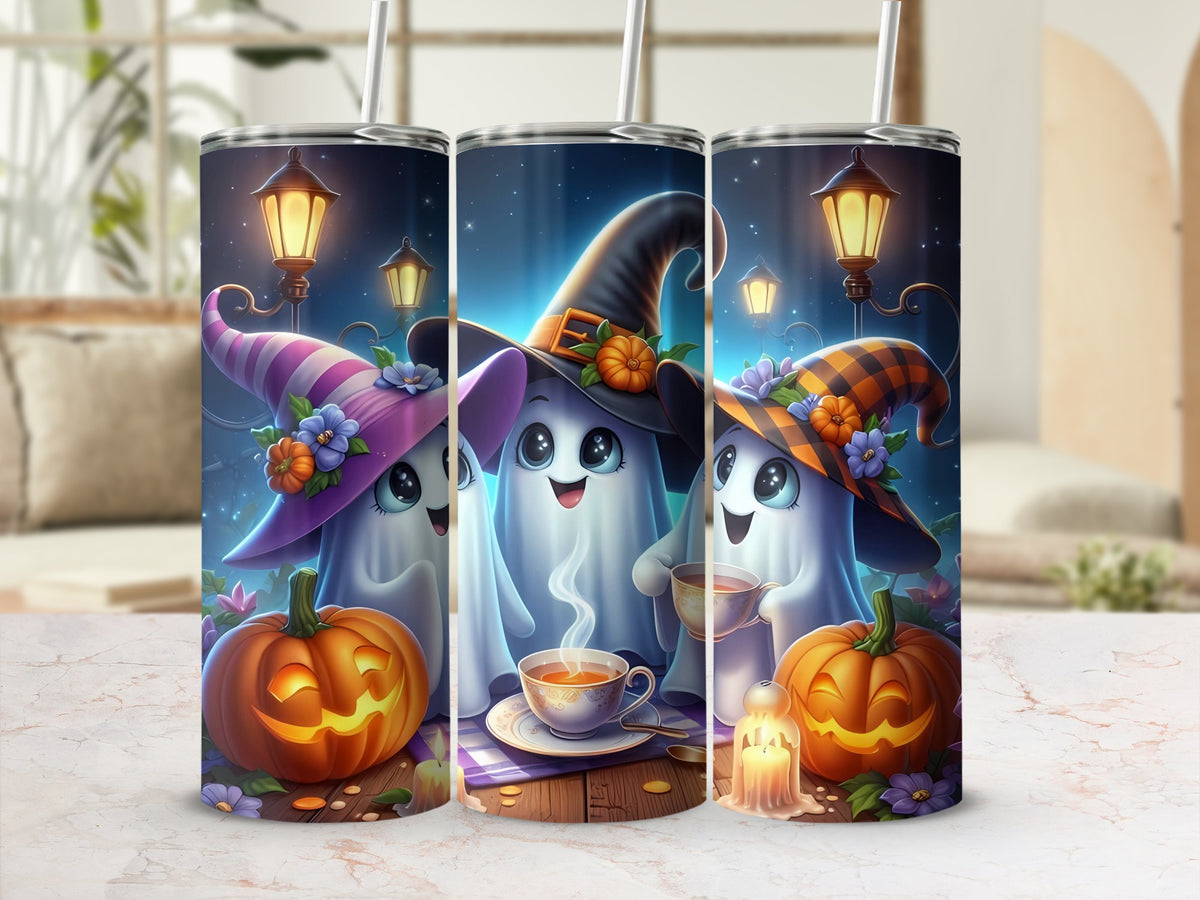 Three cute ghosts in witch hats with pumpkins and hot tea in a starry night scene.