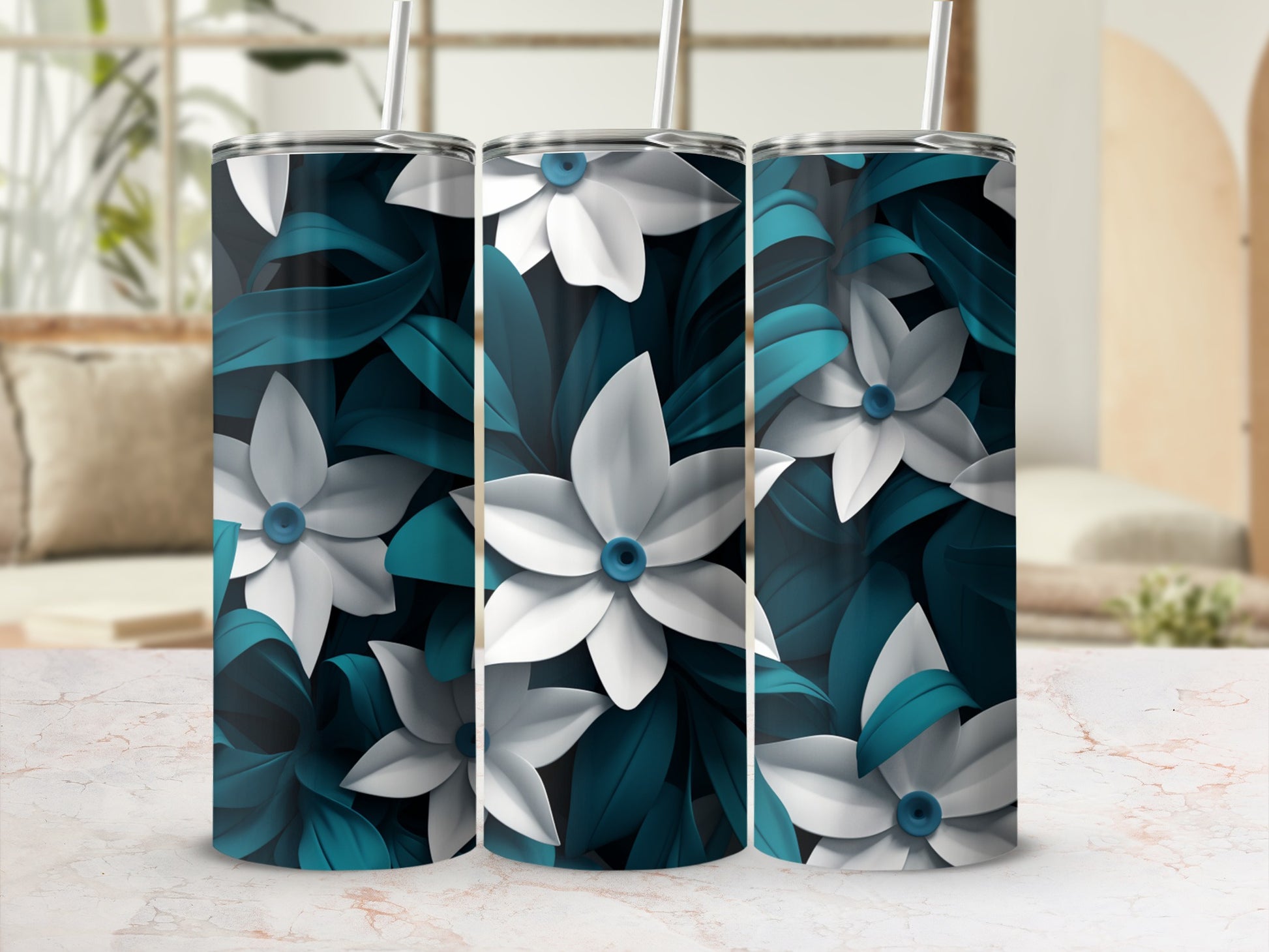 White and teal floral pattern on a 20oz skinny tumbler.