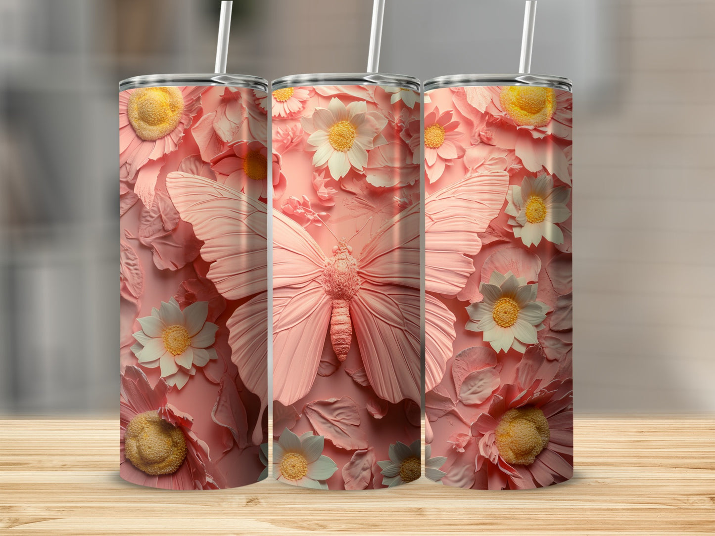 Pink Butterfly Floral Textured Design Embossed Tumbler product type