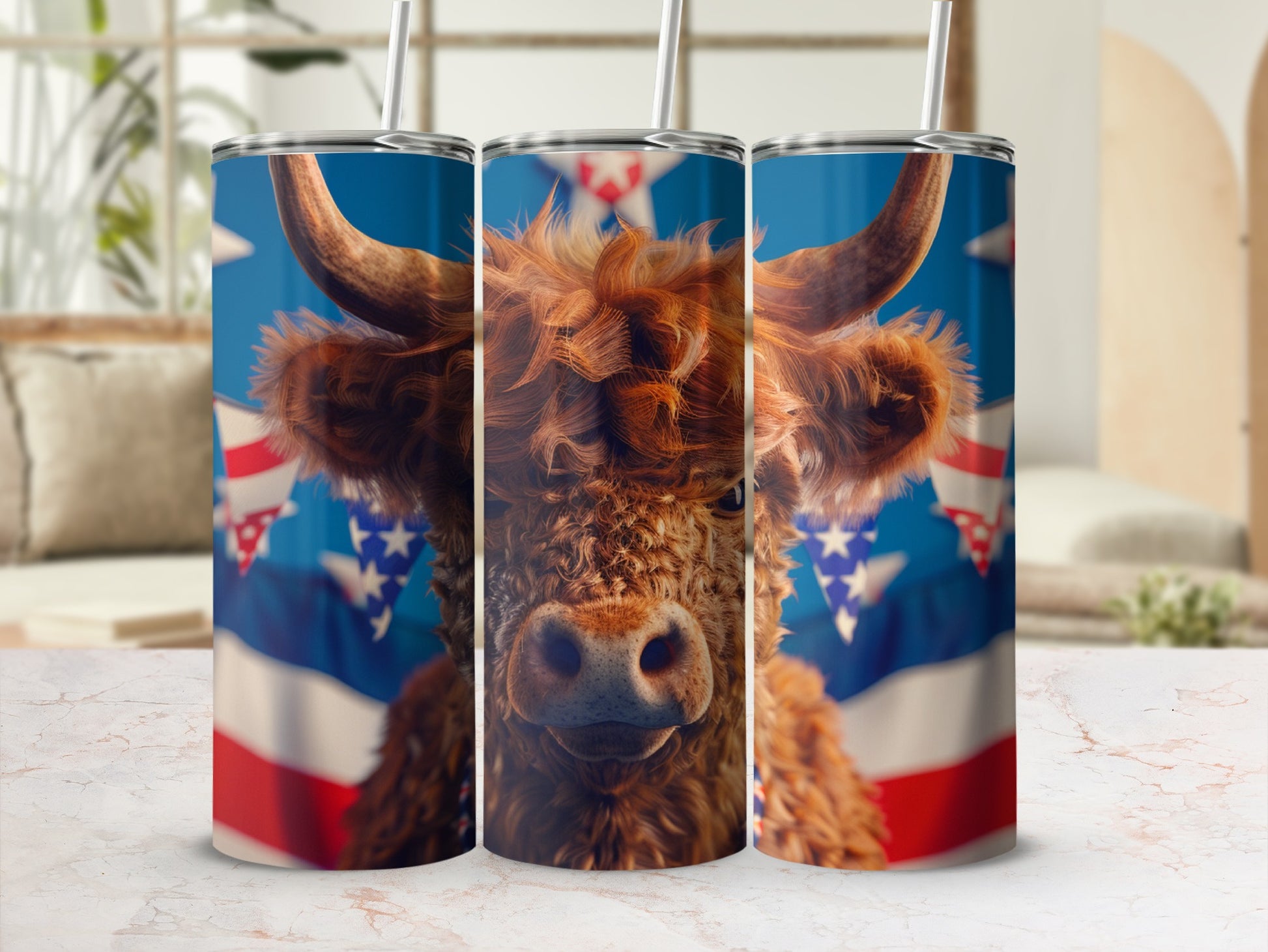 Highland cow with American flag bandana on triple tumbler mockup.