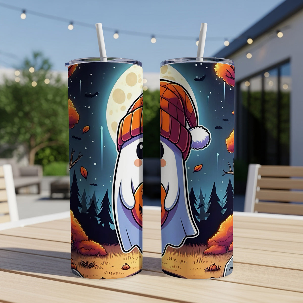 Two tumblers featuring a cute ghost wearing a beanie against a moonlit forest background.