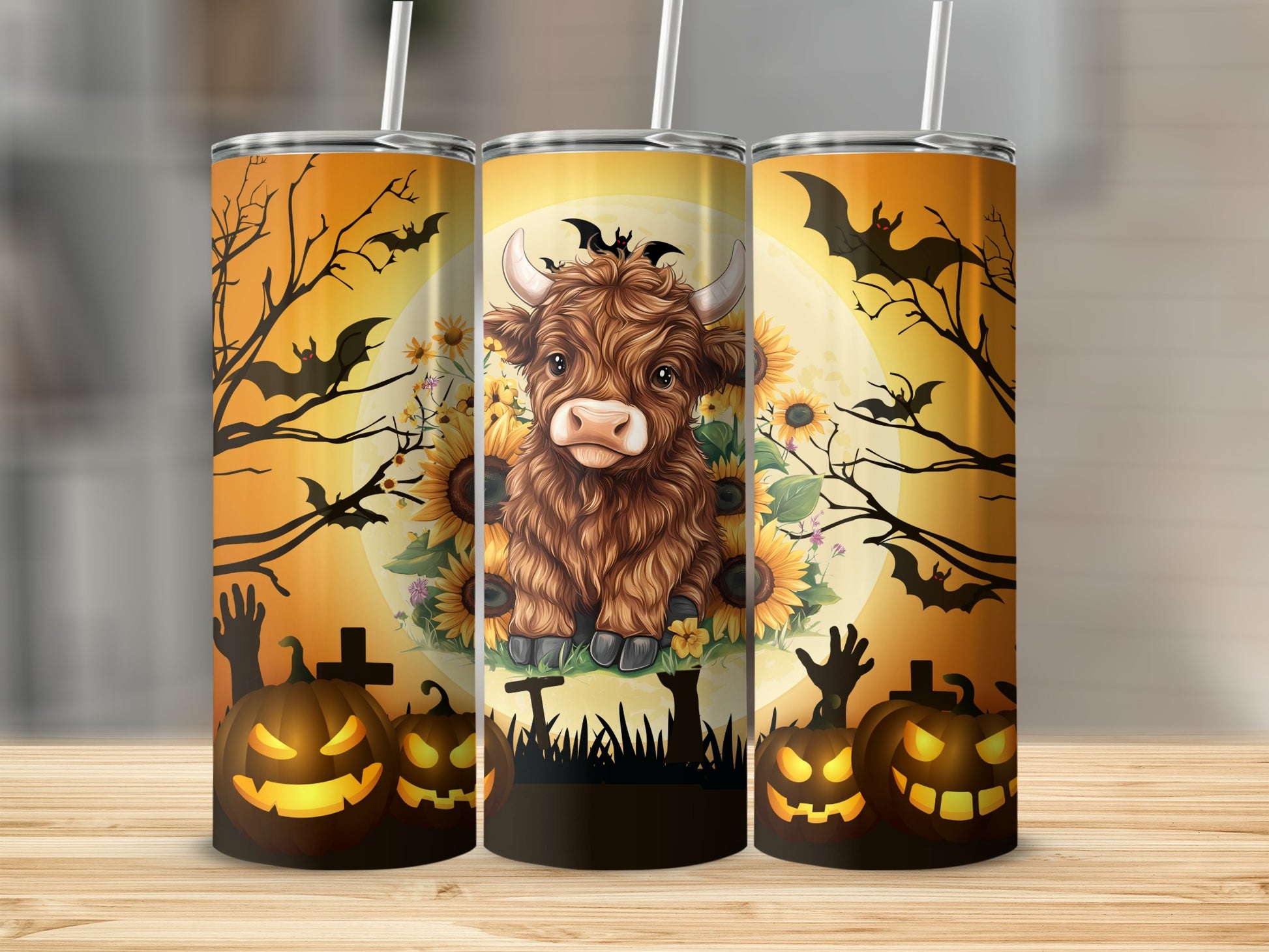 Halloween High Bison Pumpkin Moon Scene Tumbler