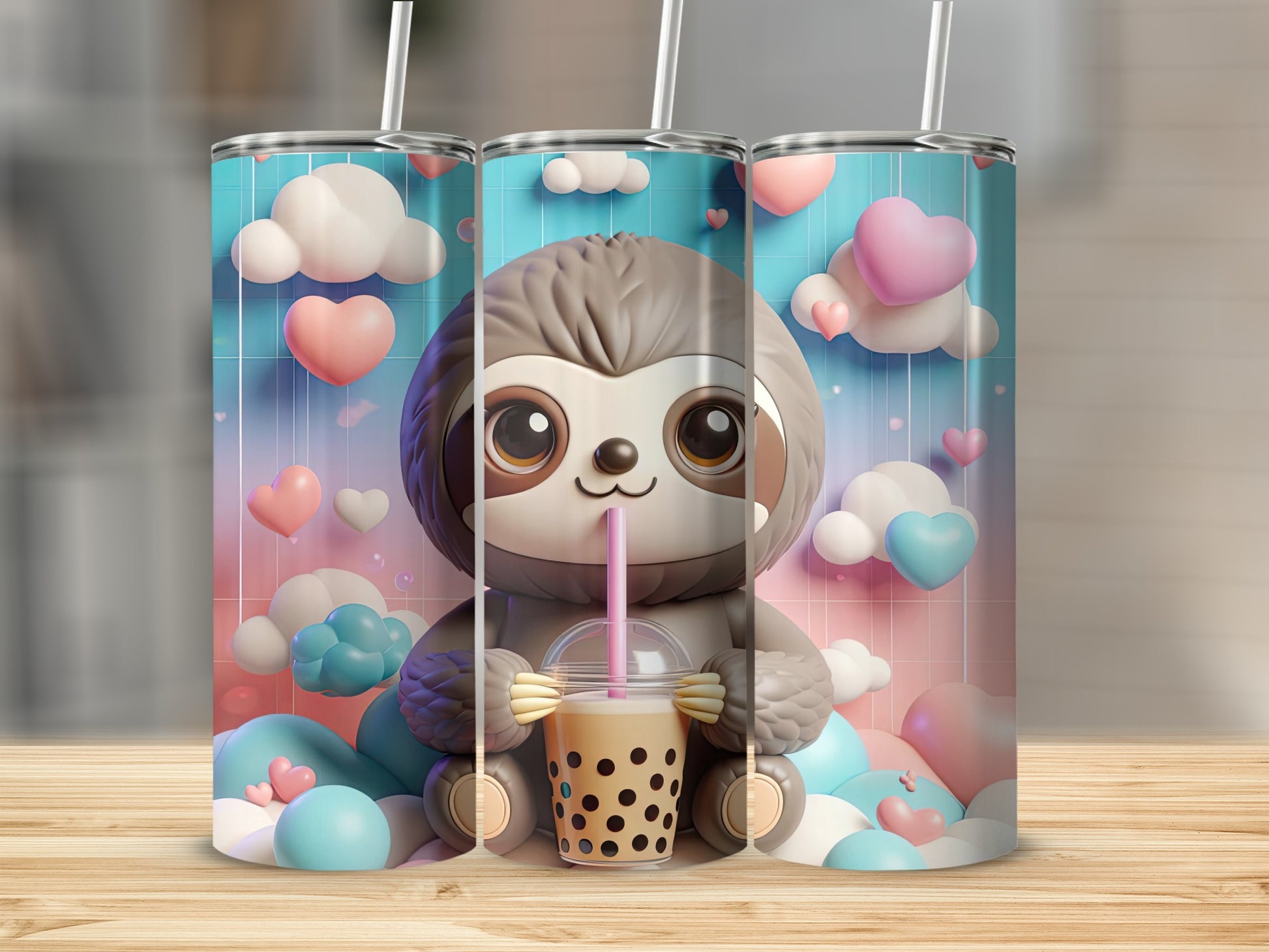 Cute cartoon sloth holds a bubble tea in front of a sky with hearts and clouds.