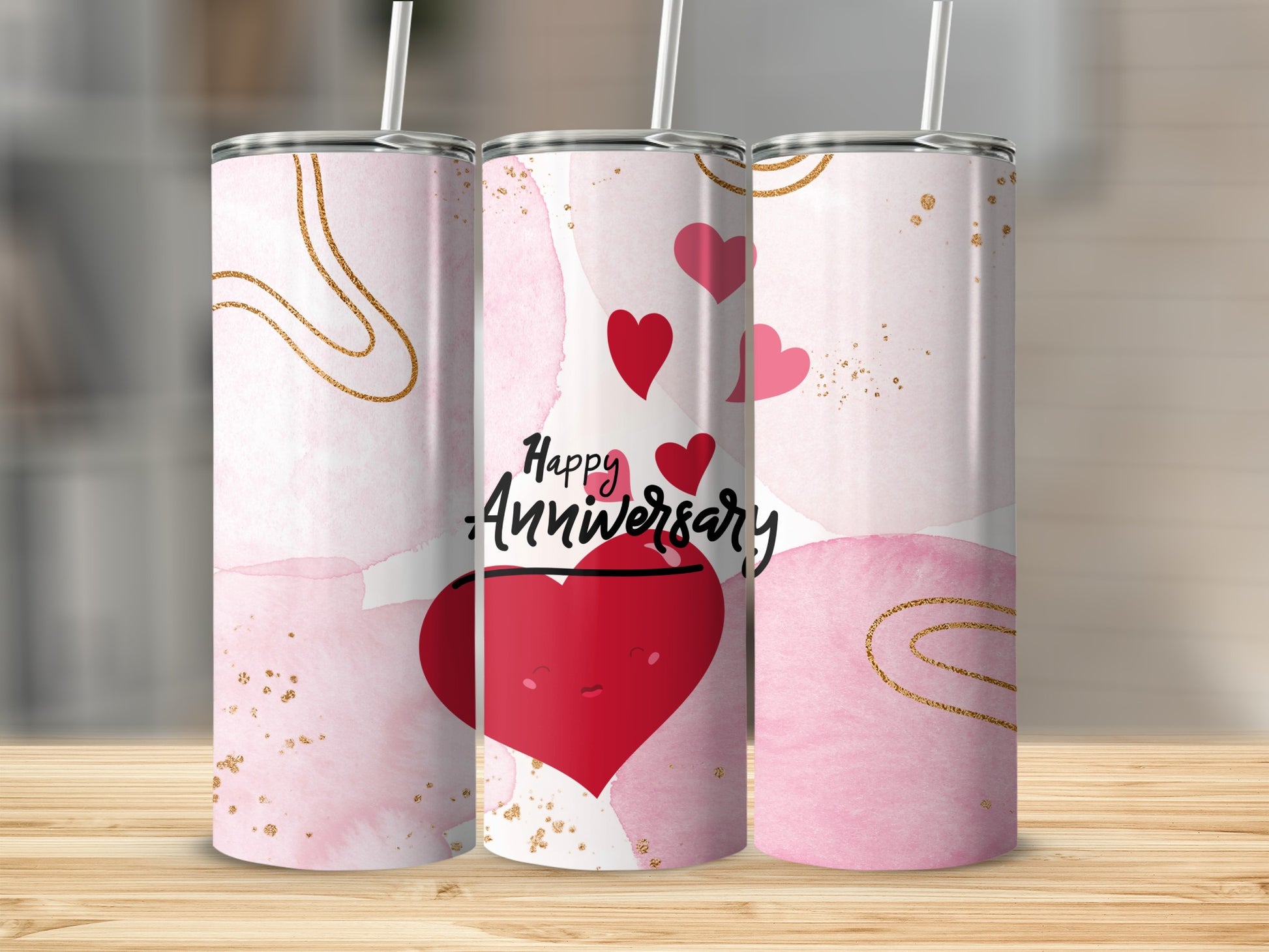 Pink watercolor tumbler with hearts and "Happy Anniversary" text.