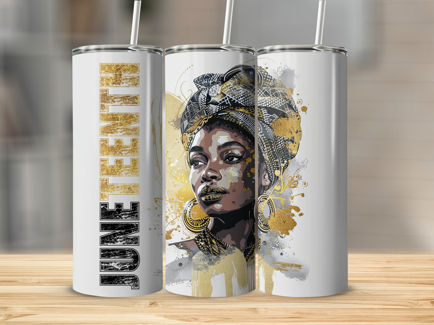 Juneteenth tumbler featuring a Black woman with gold accents and headwrap.