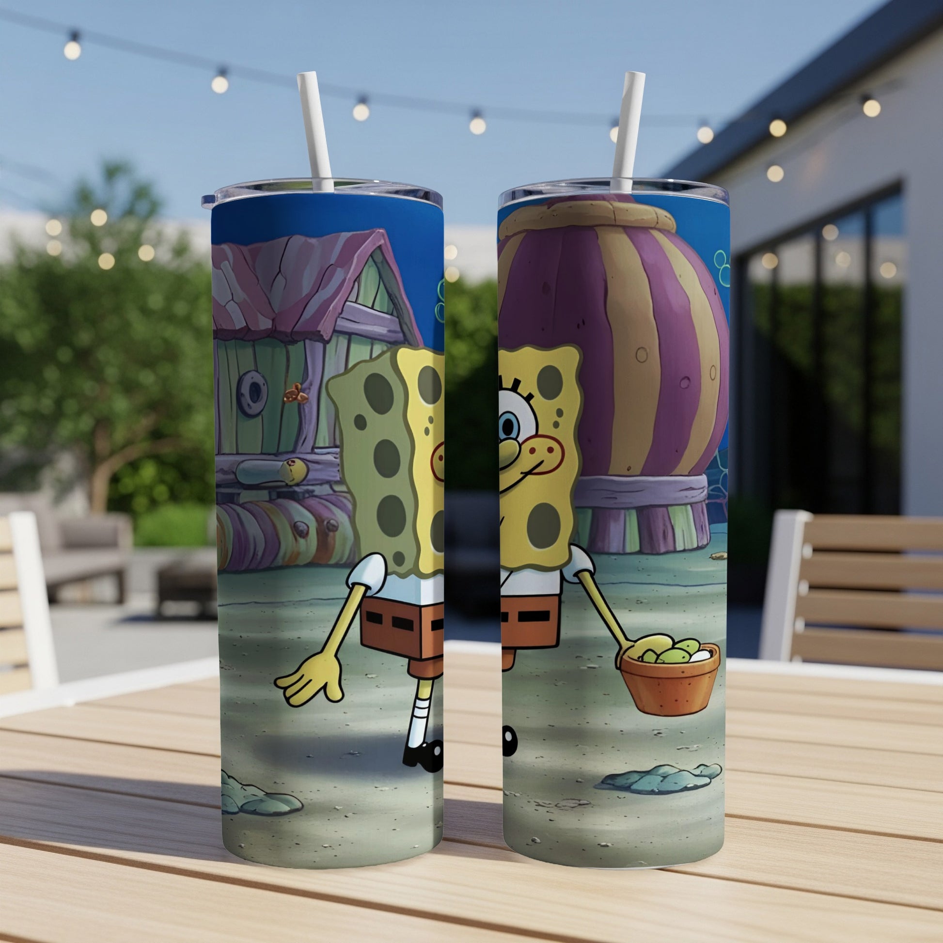 SpongeBob SquarePants tumbler with two cups and a straw on a table.