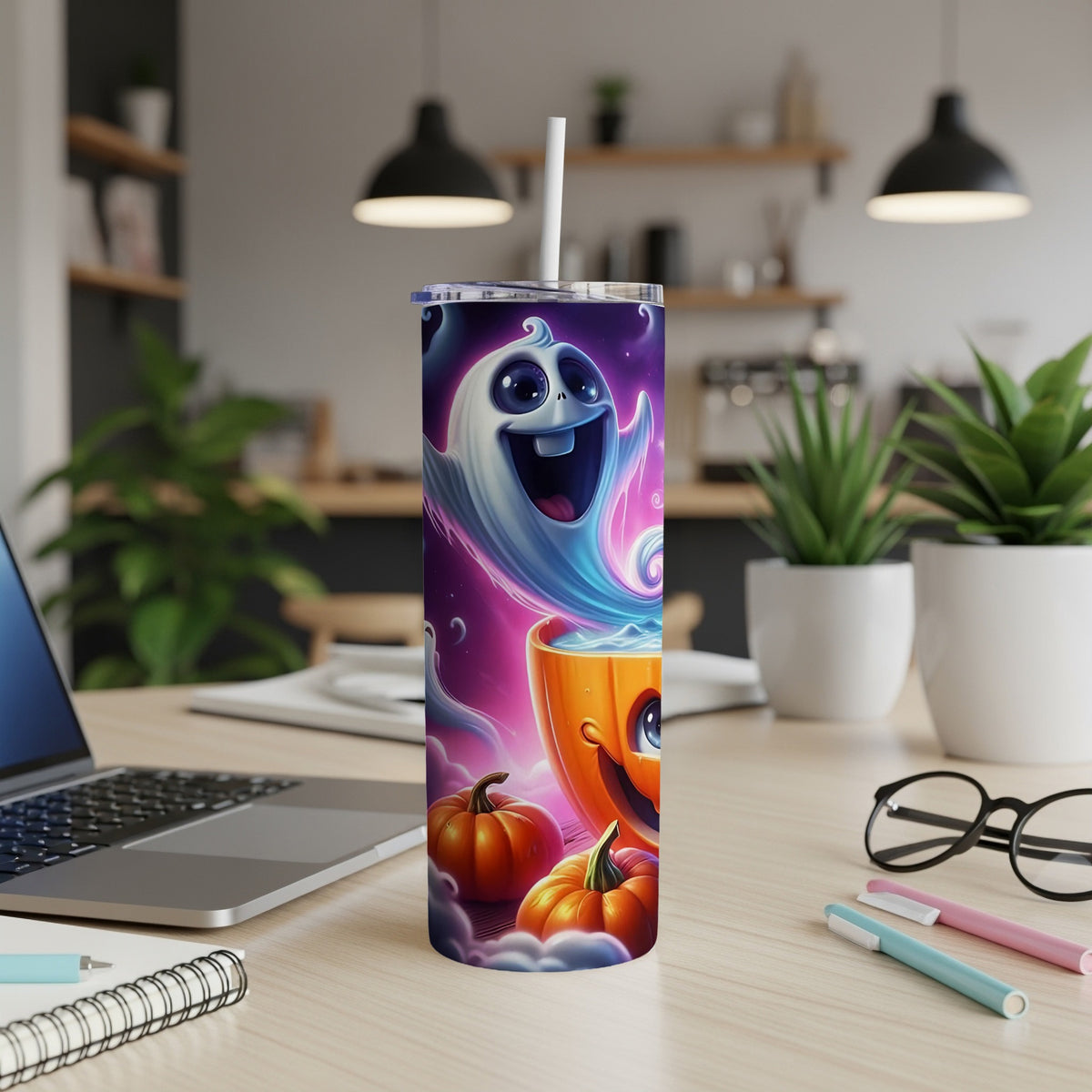 Halloween tumbler with a grinning ghost and jack-o'-lantern, set on a desk.