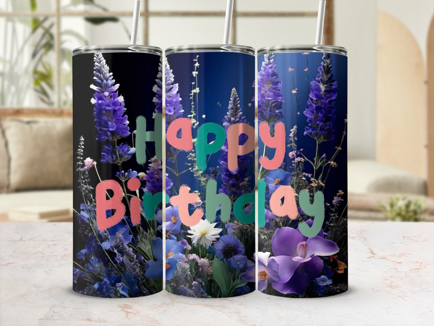 Tall tumbler with purple flowers and "Happy Birthday" text.