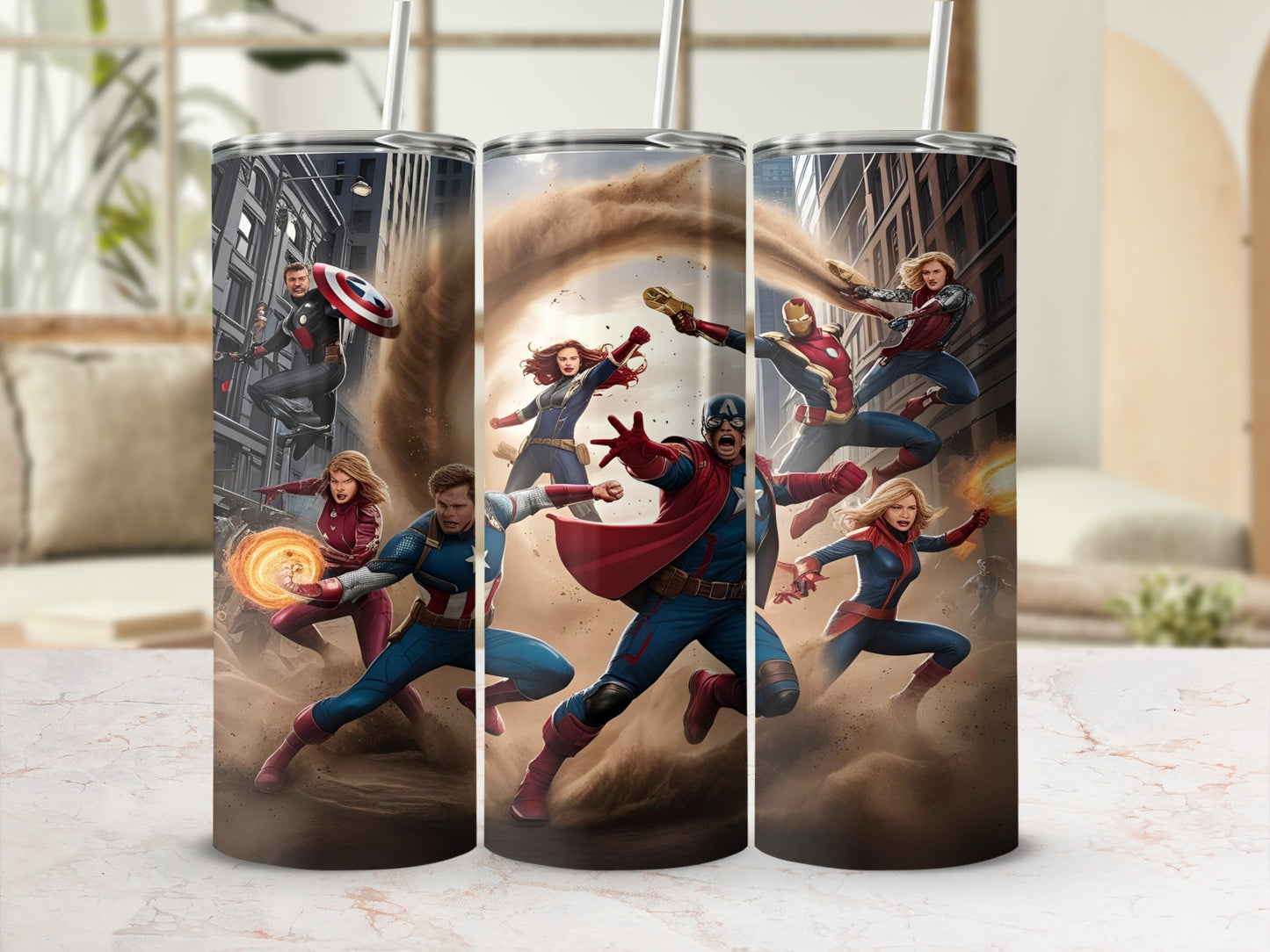 Avengers characters in action with comic book style art.