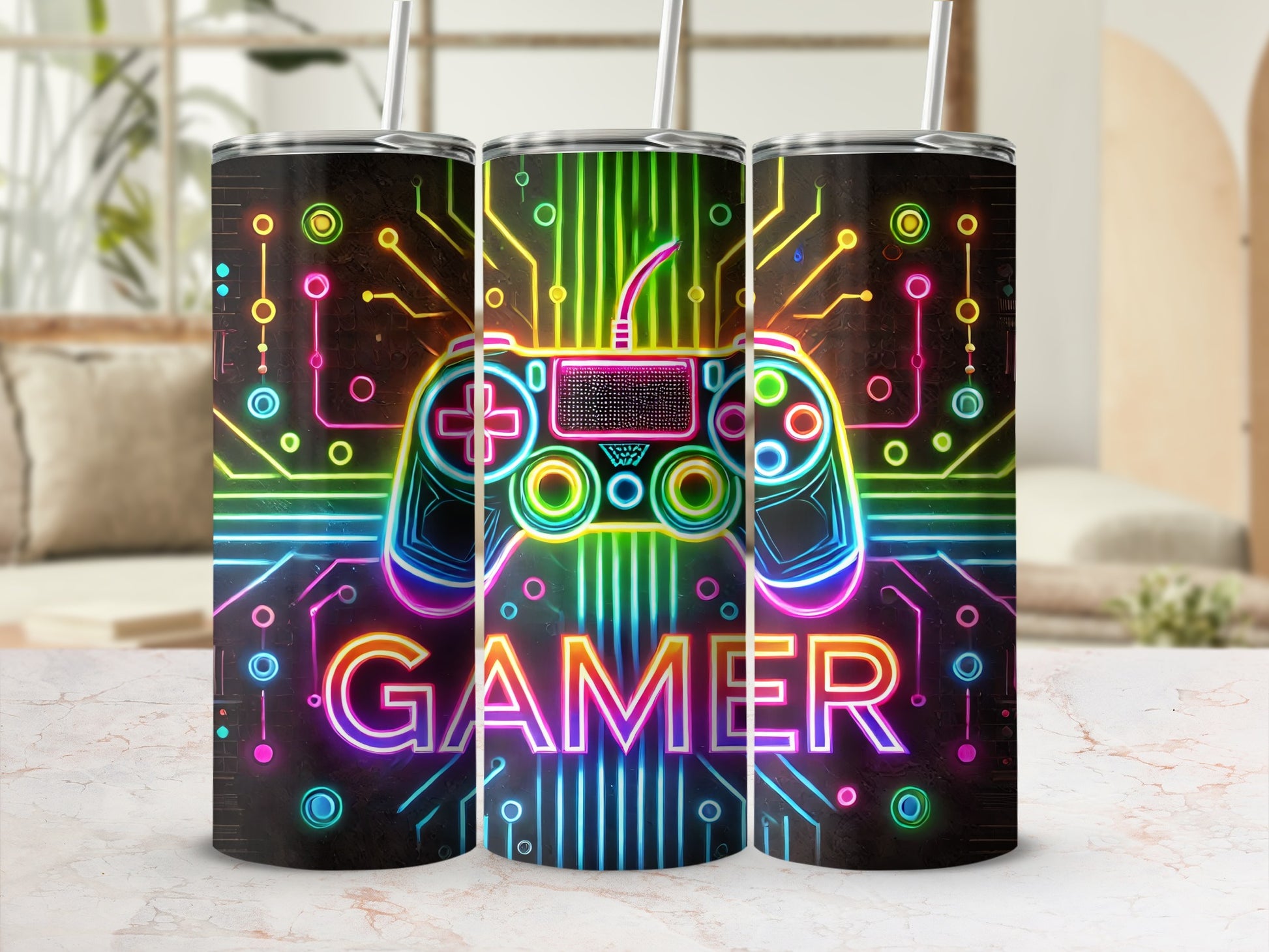 Gamer controller with neon circuitry and colorful lights.