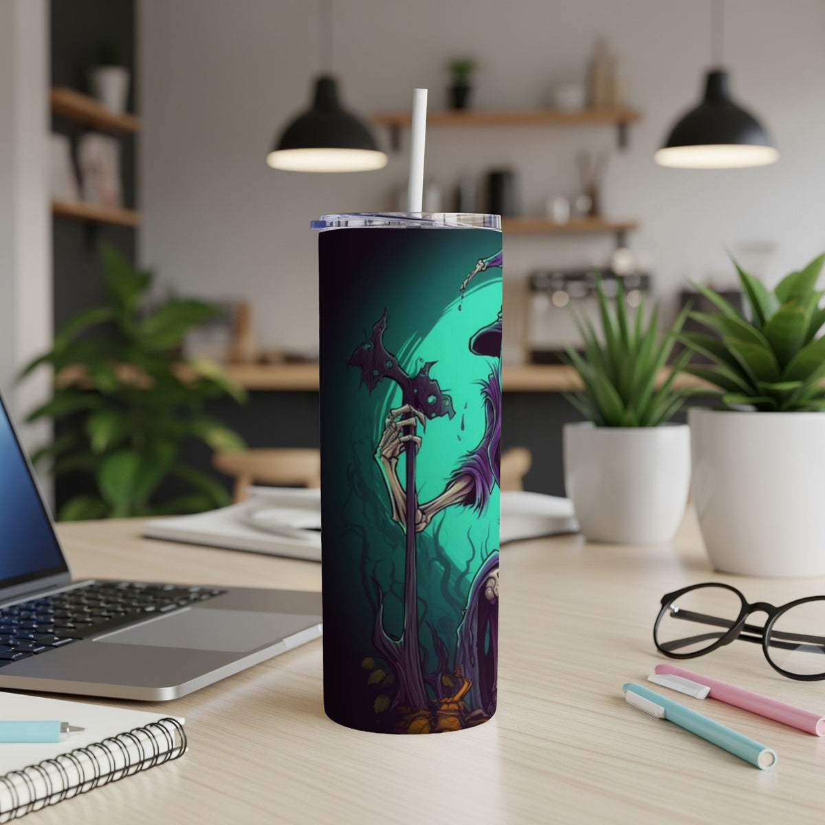 Tumbler featuring a skeletal grim reaper with a staff against a dark, teal background.